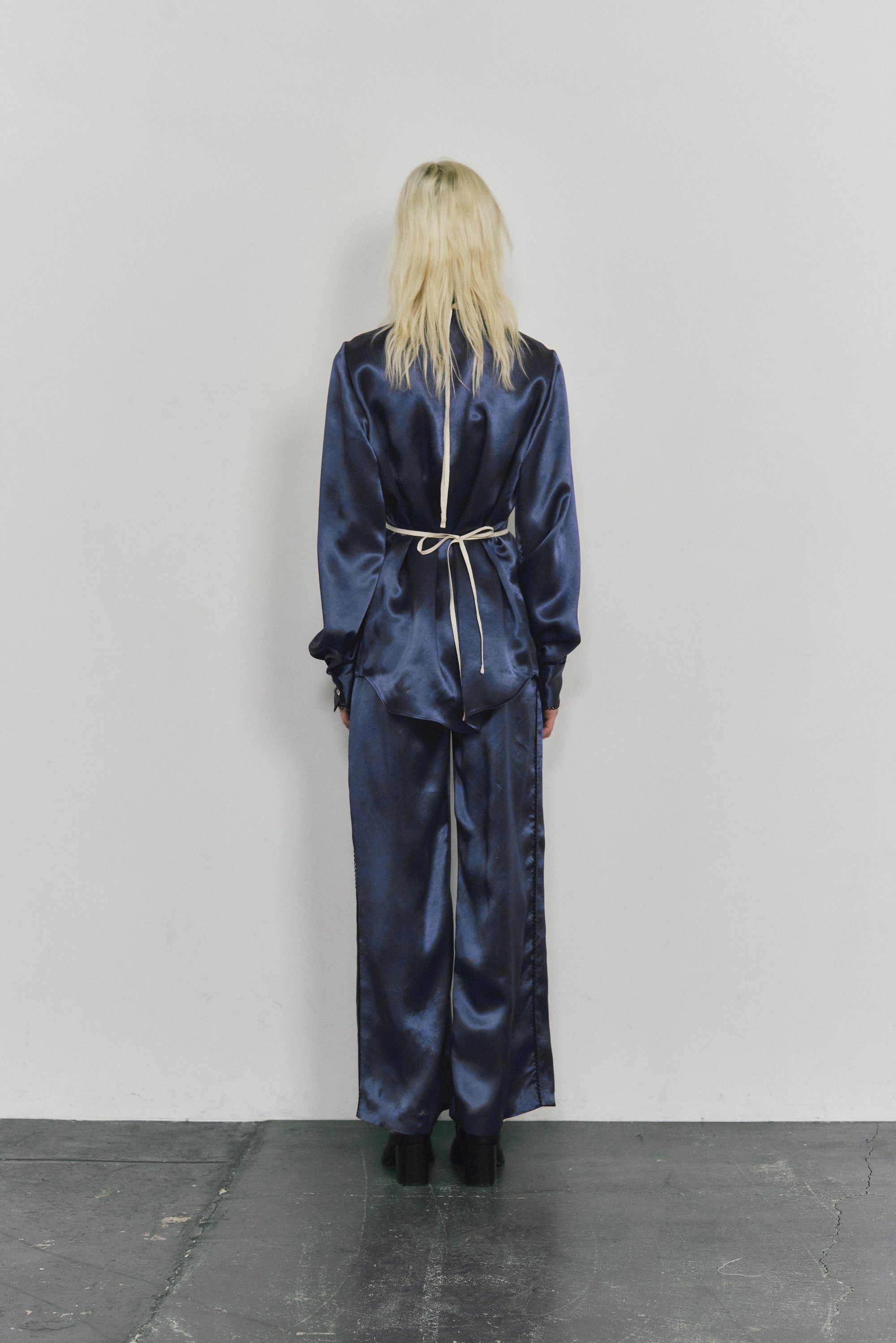 Satin broad pants - Navy