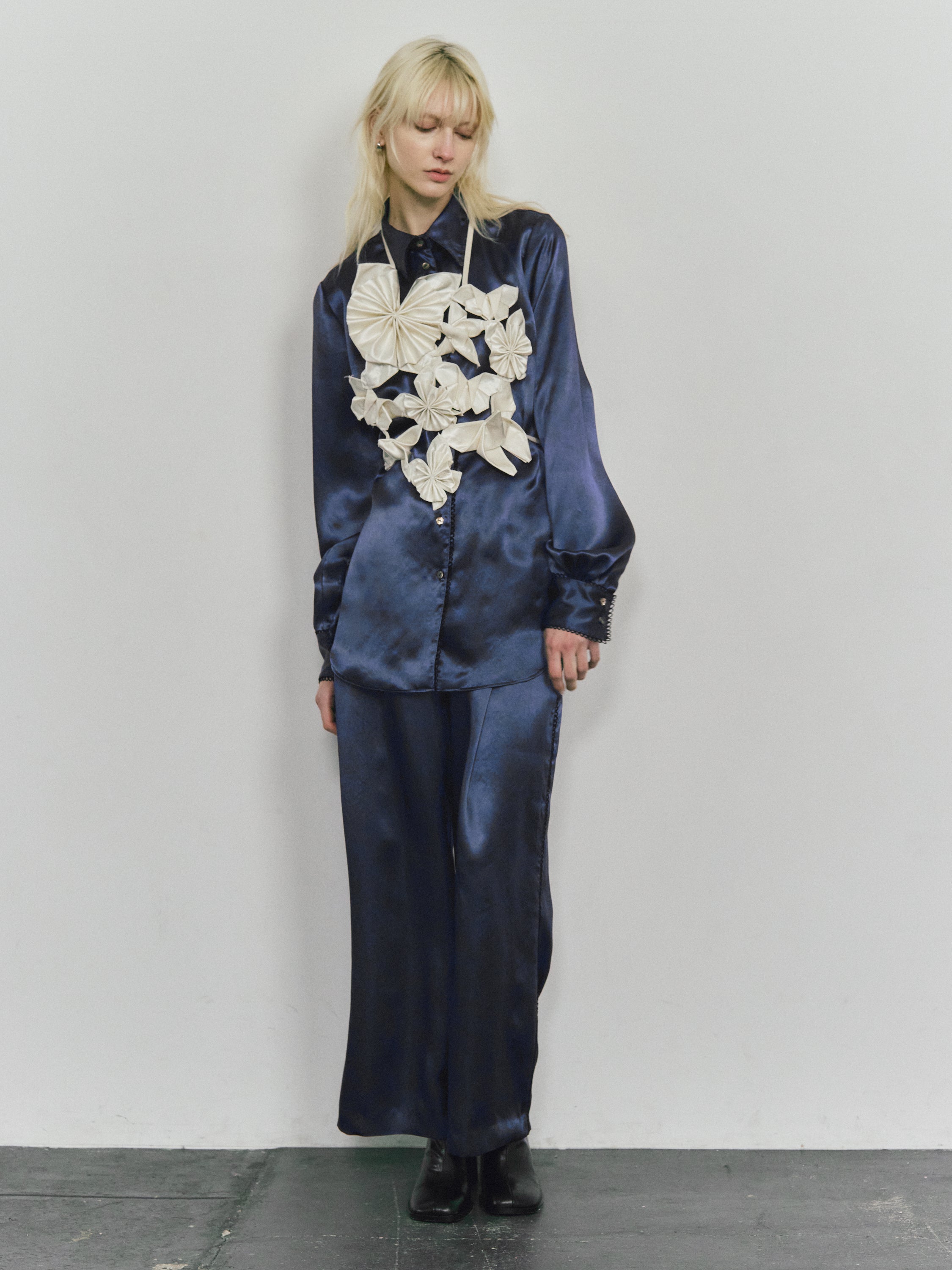 Satin broad pants - Navy