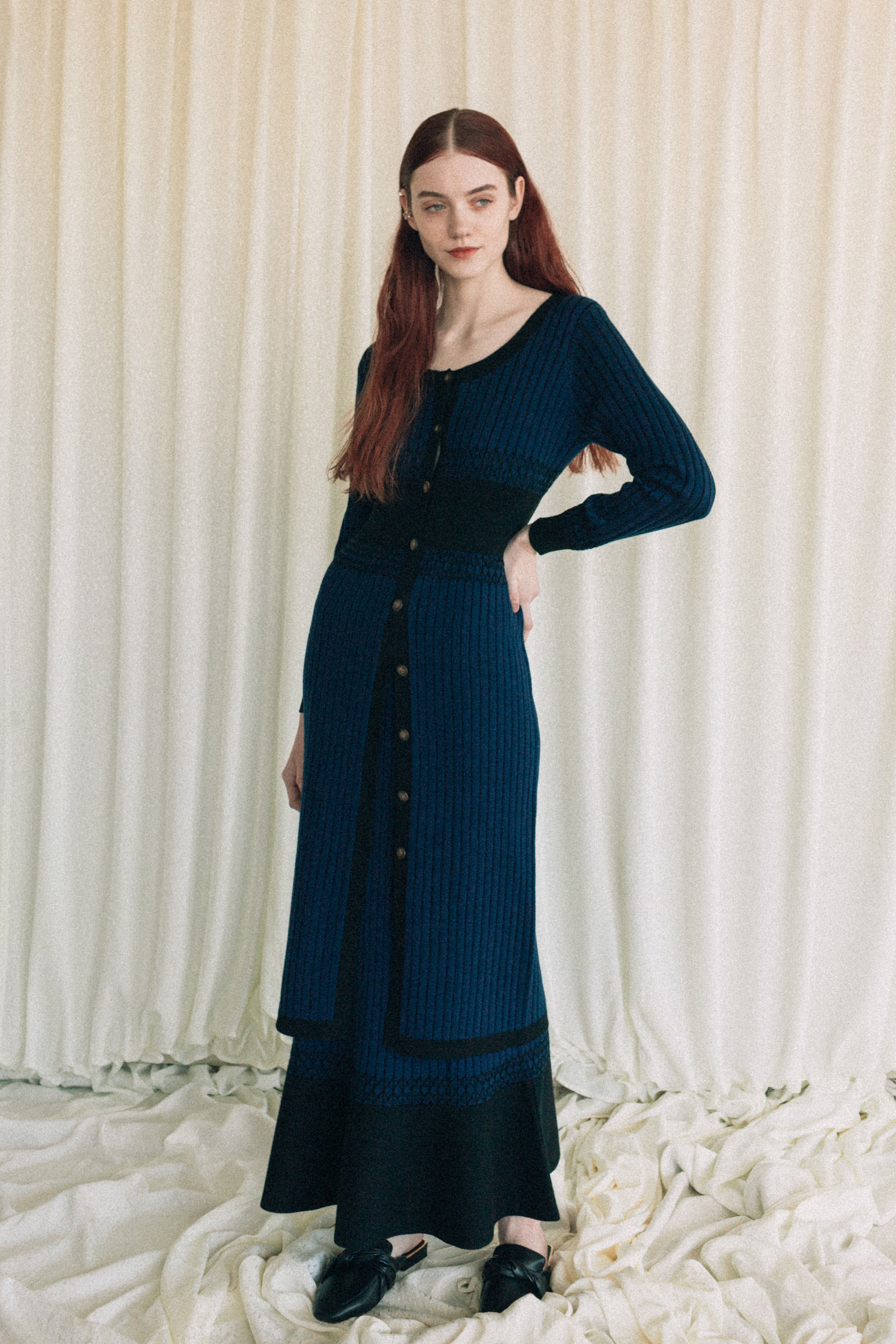 Plating rib cardigan dress - Navy