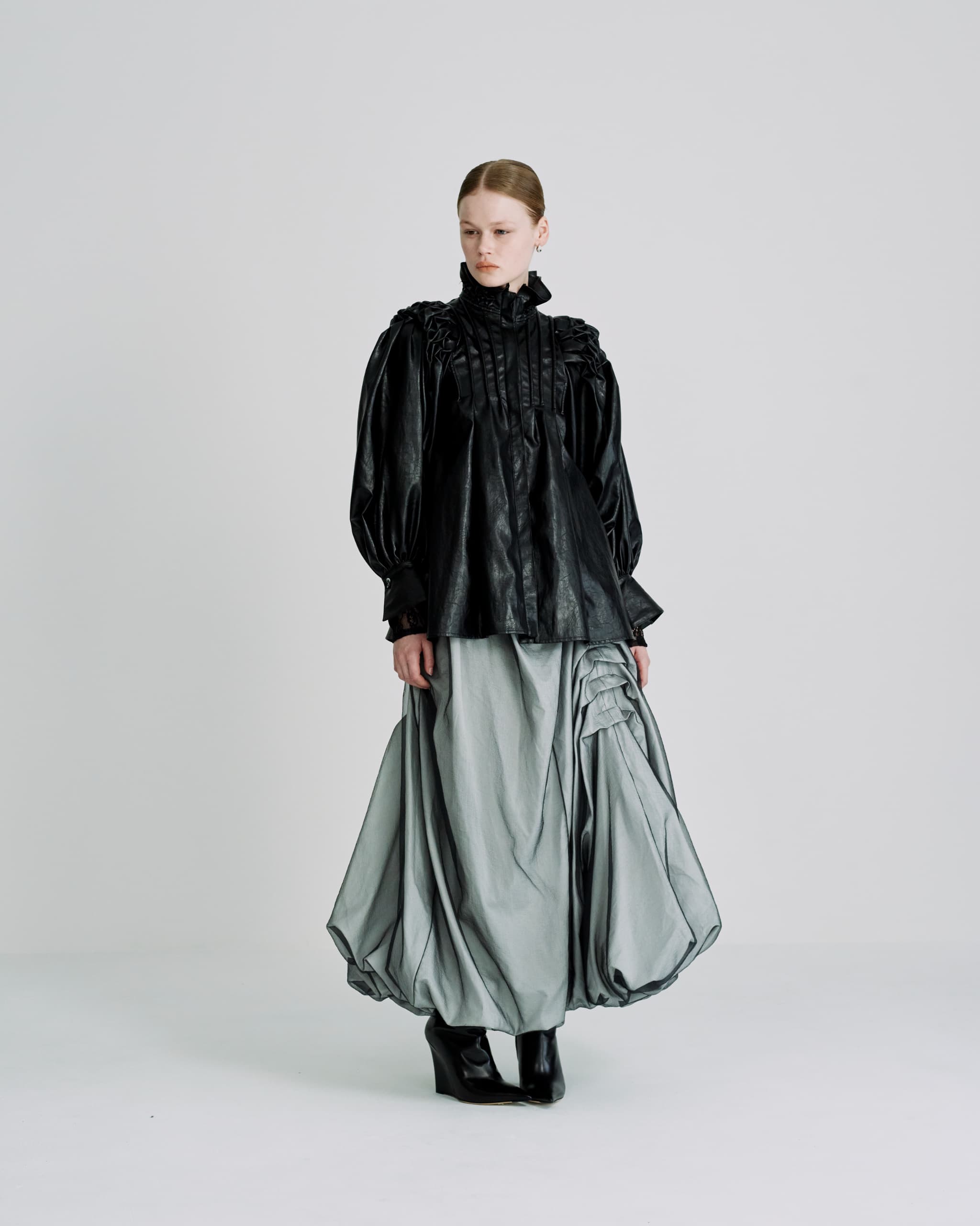 Standneck tuck shirt jacket - Black-leather