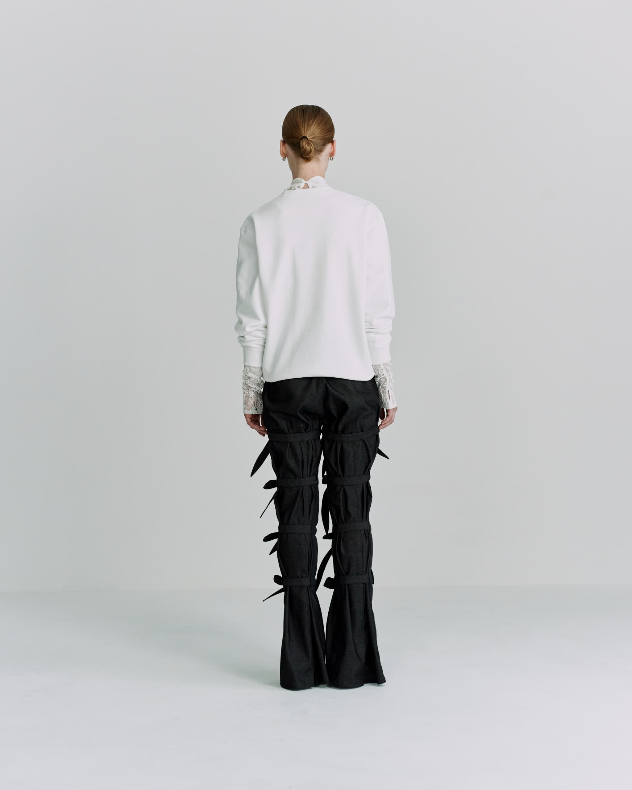 Slit ribbon pants - Black-denim