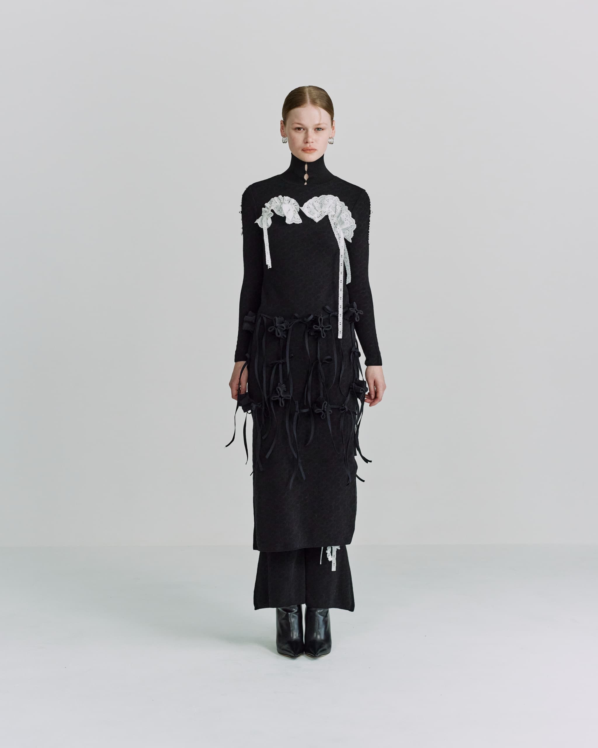 Lace bijou knit dress - Black