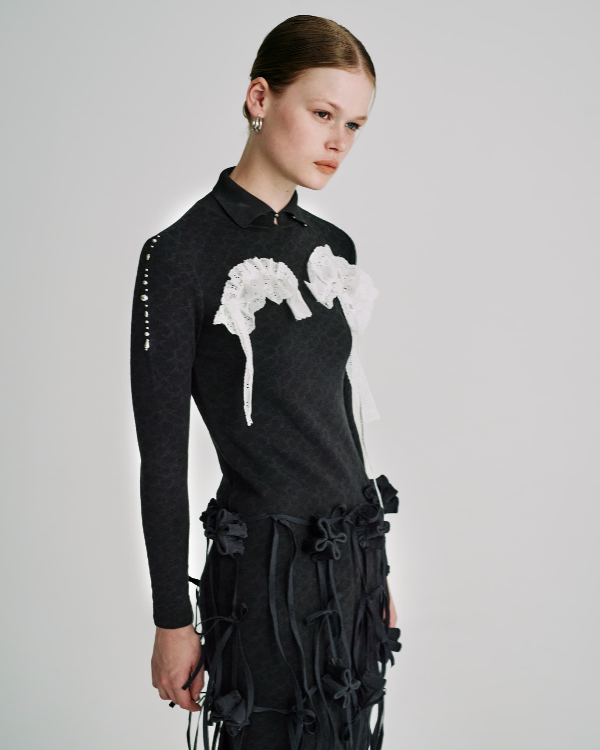 Lace bijou knit dress - Black