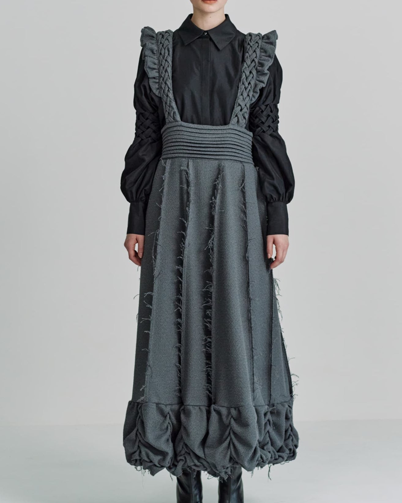 Smocking suspnder skirt - Gray-tweed
