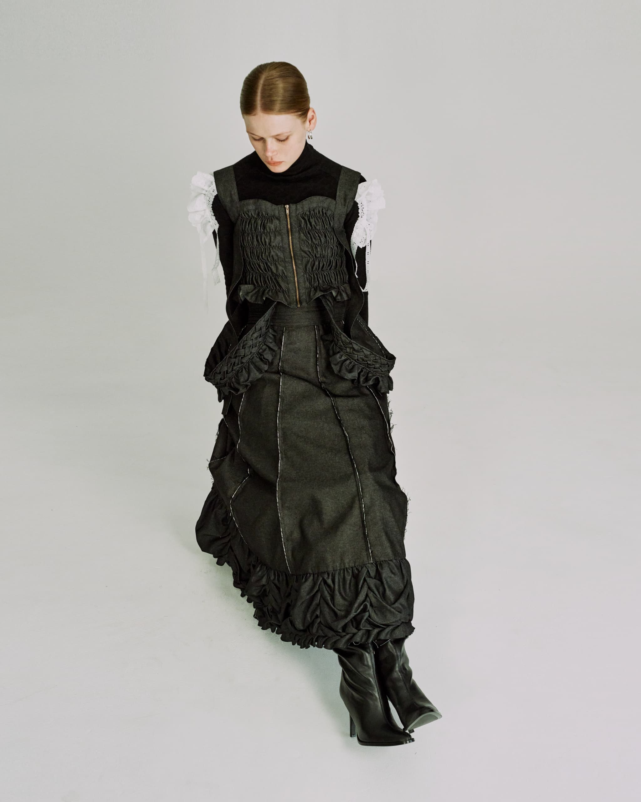 Shirring ribbon bustier - Black-denim