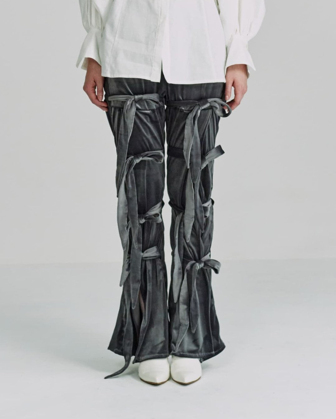Slit ribbon pants - Gray-velor