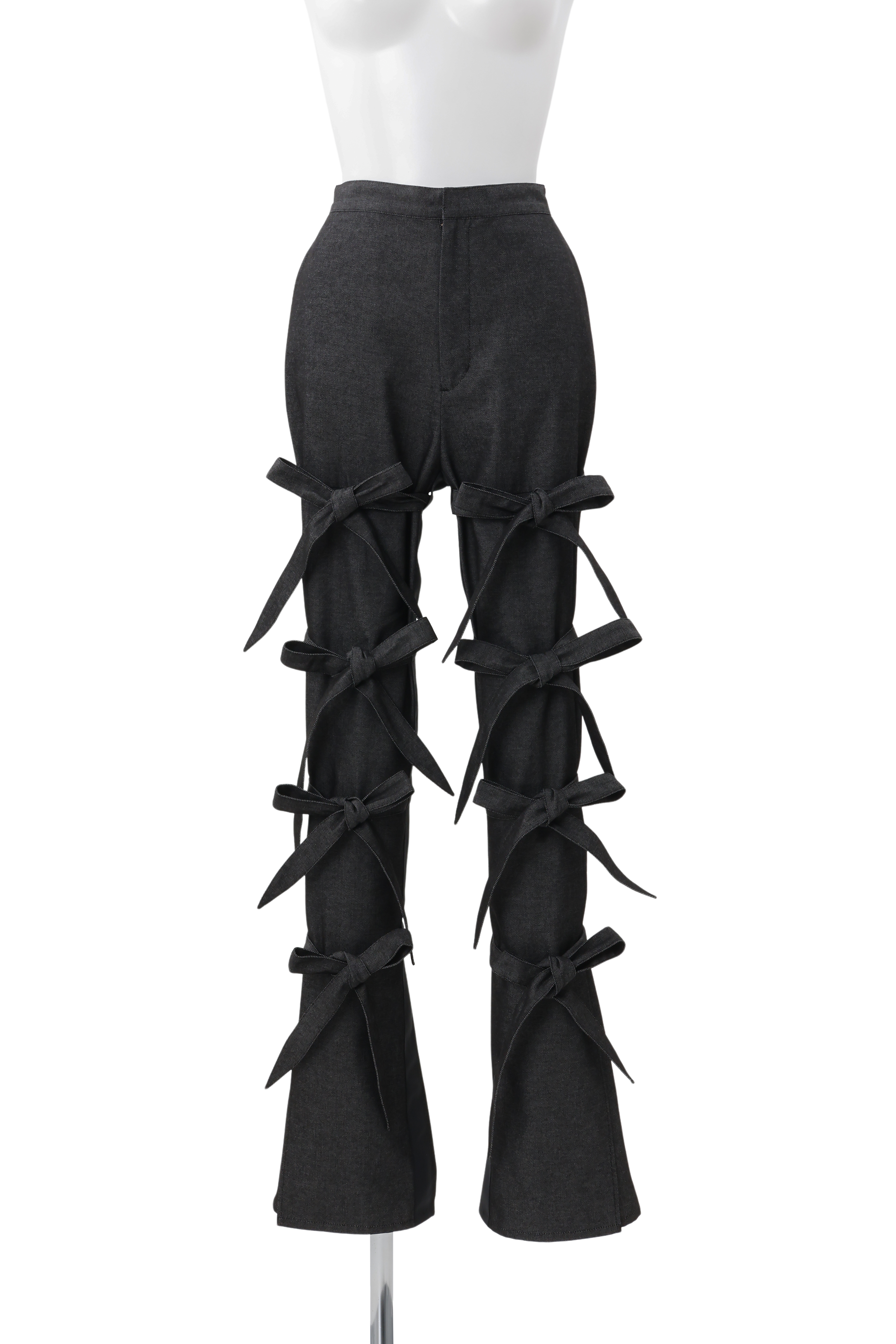 Slit ribbon pants - Black-denim