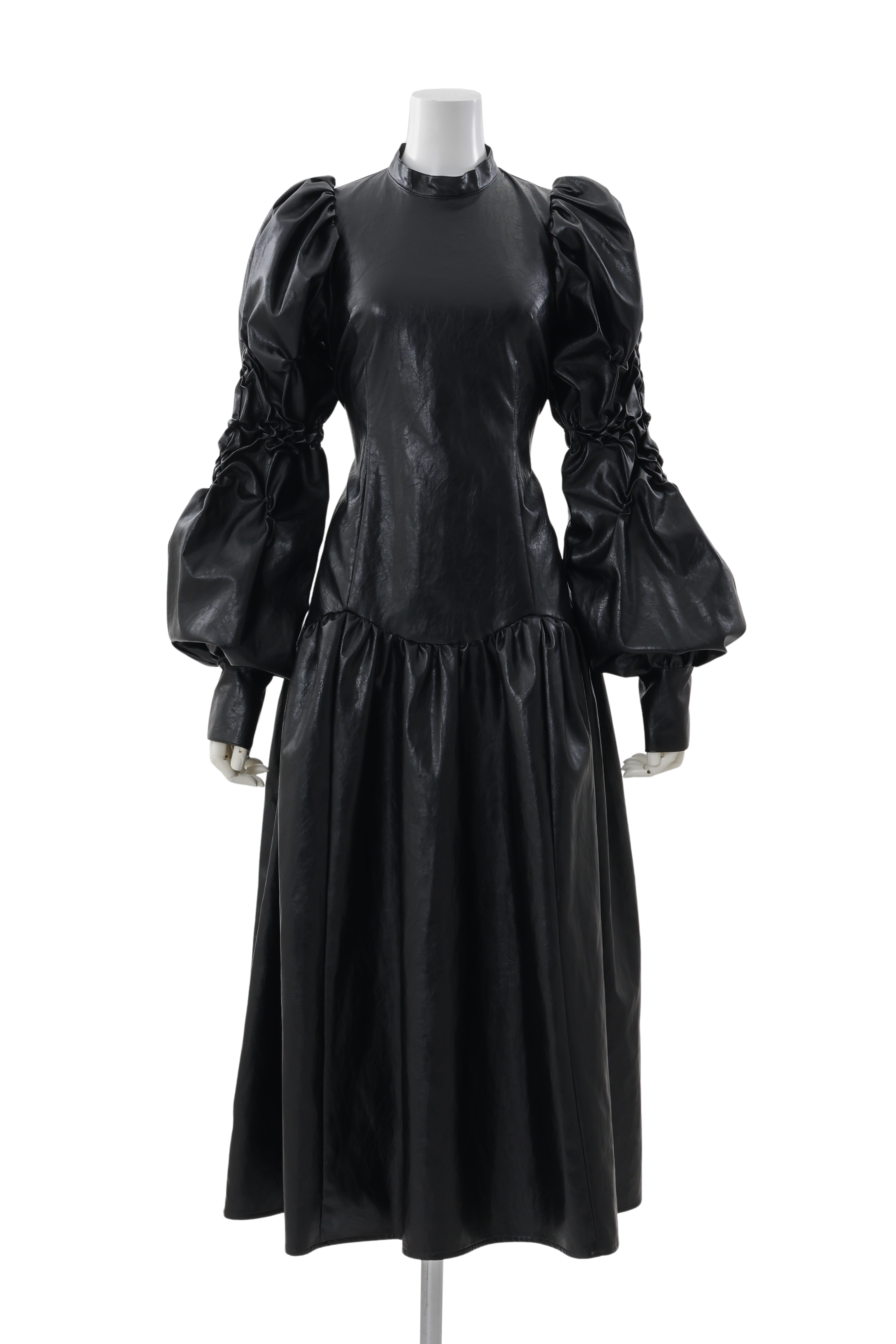 Standneck bubble sleeve dress - Black-leather