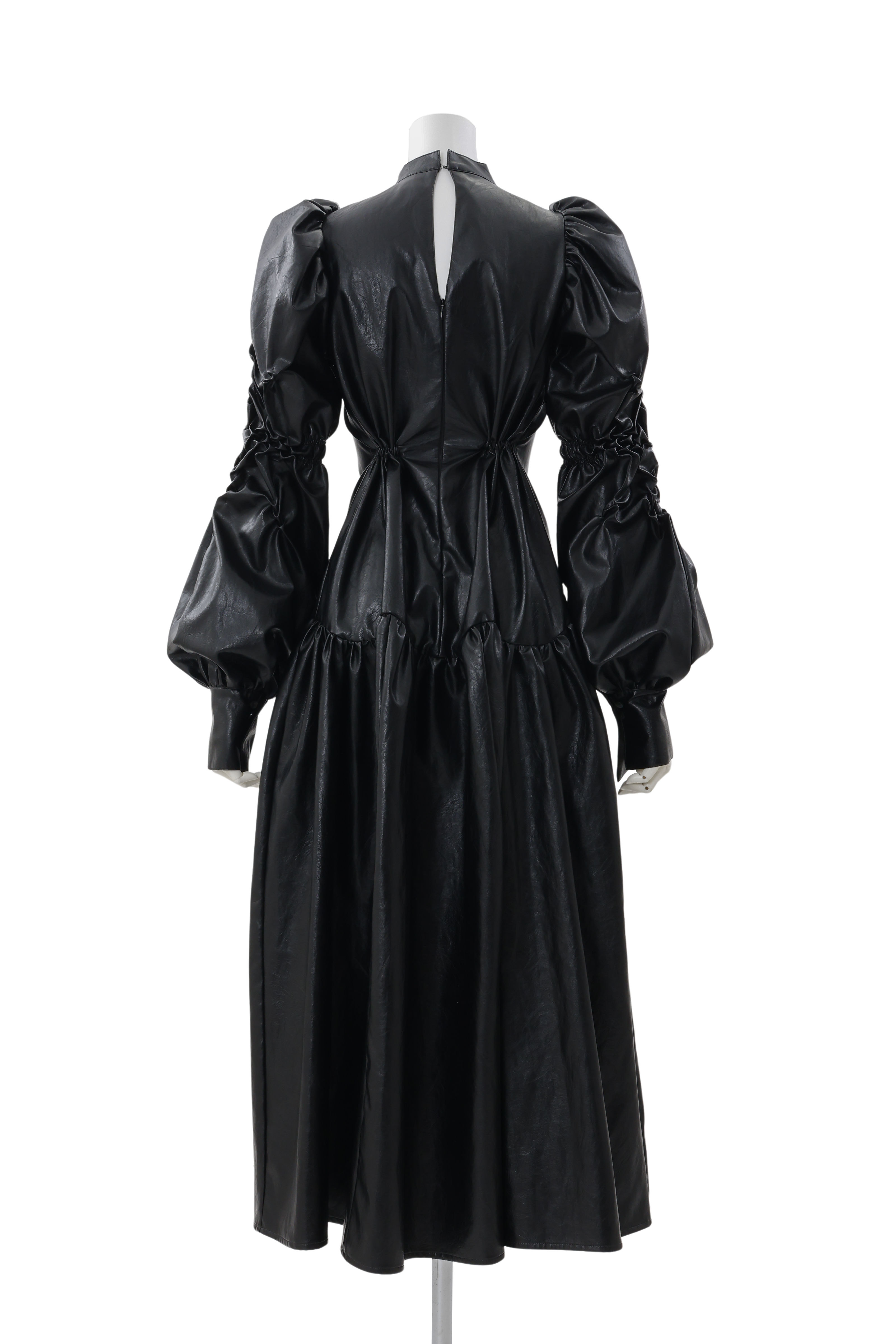Standneck bubble sleeve dress - Black-leather