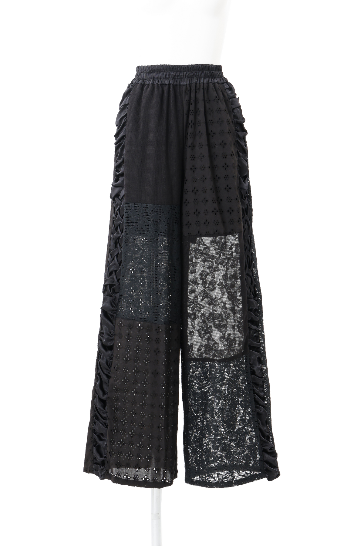 Satin line lace patchwork pants - Black