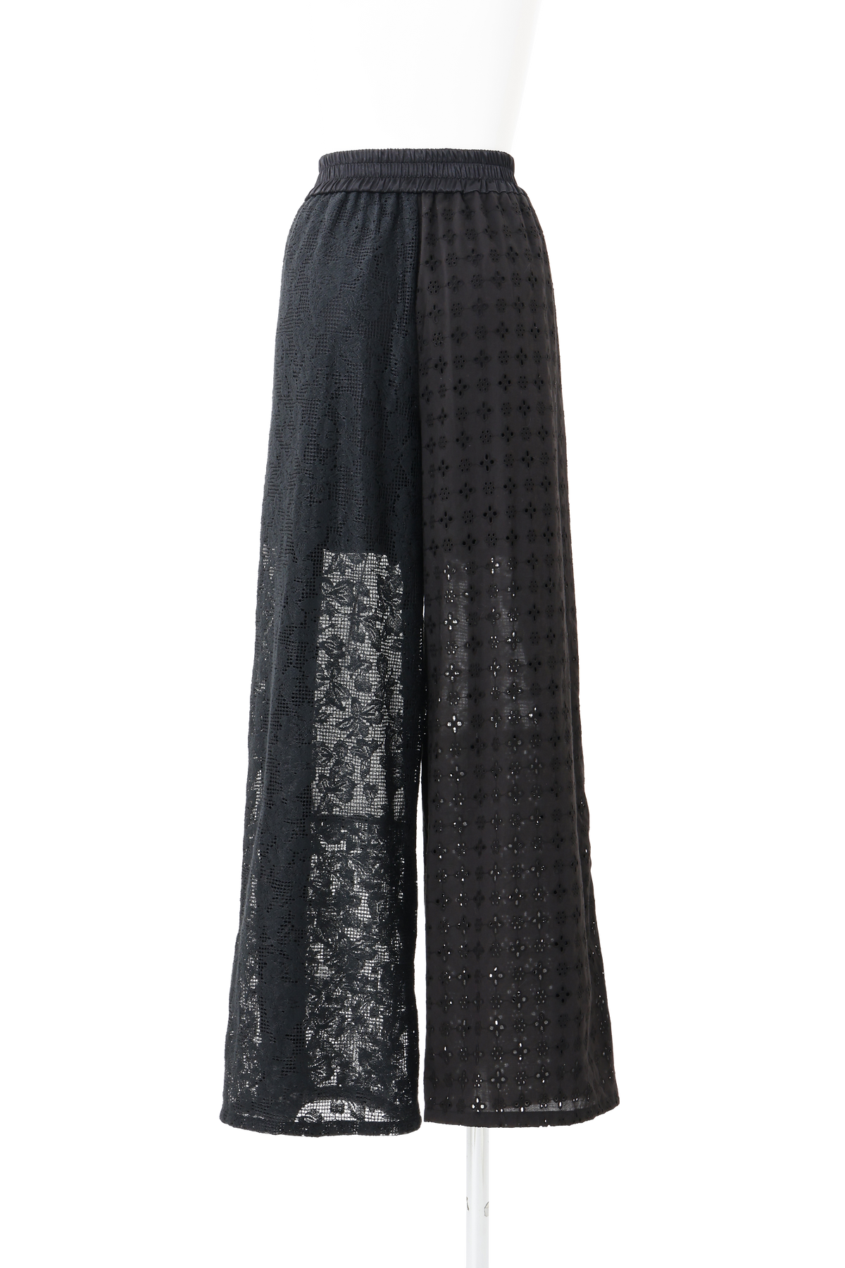 Satin line lace patchwork pants - Black