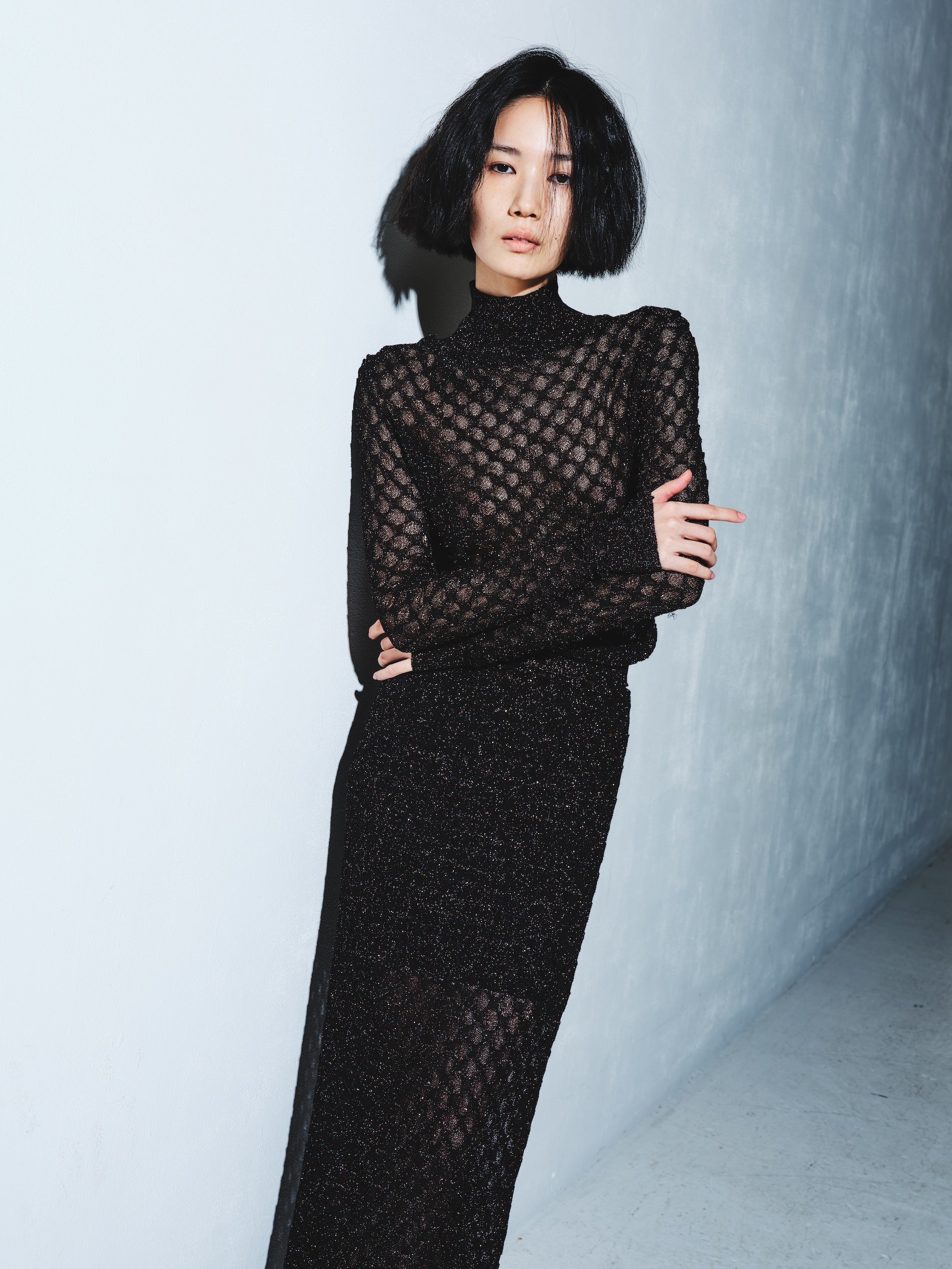 Bubble knit long skirt - Black