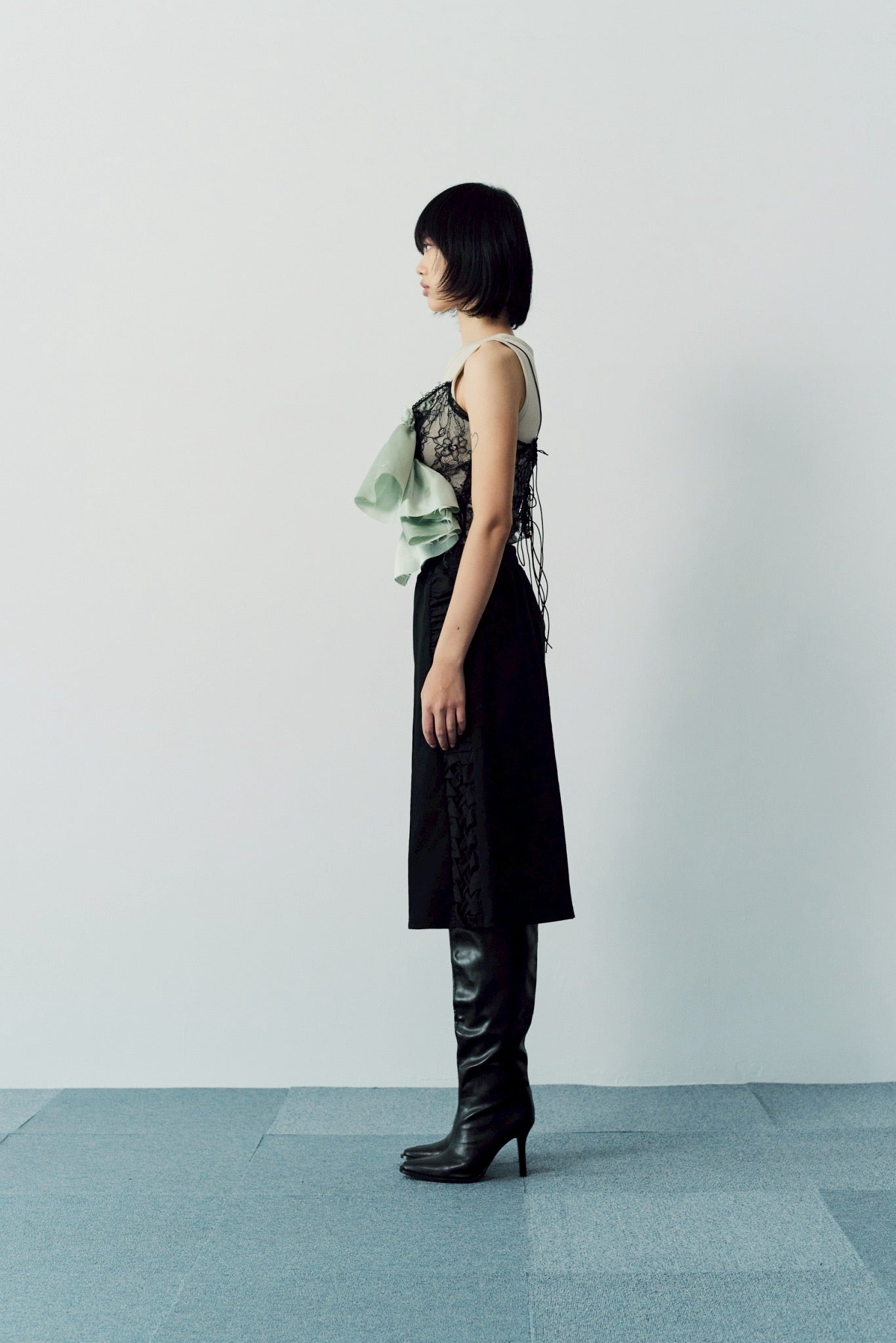 Side gather half pants - Black
