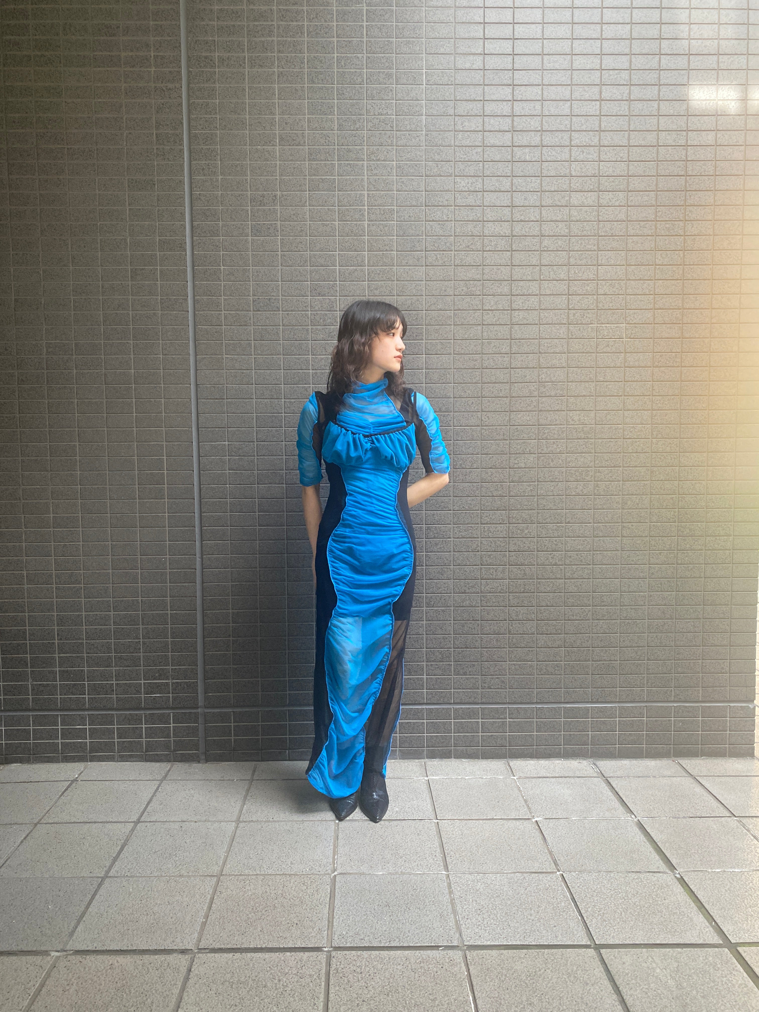 Sheer fit dress - Blue × Black
