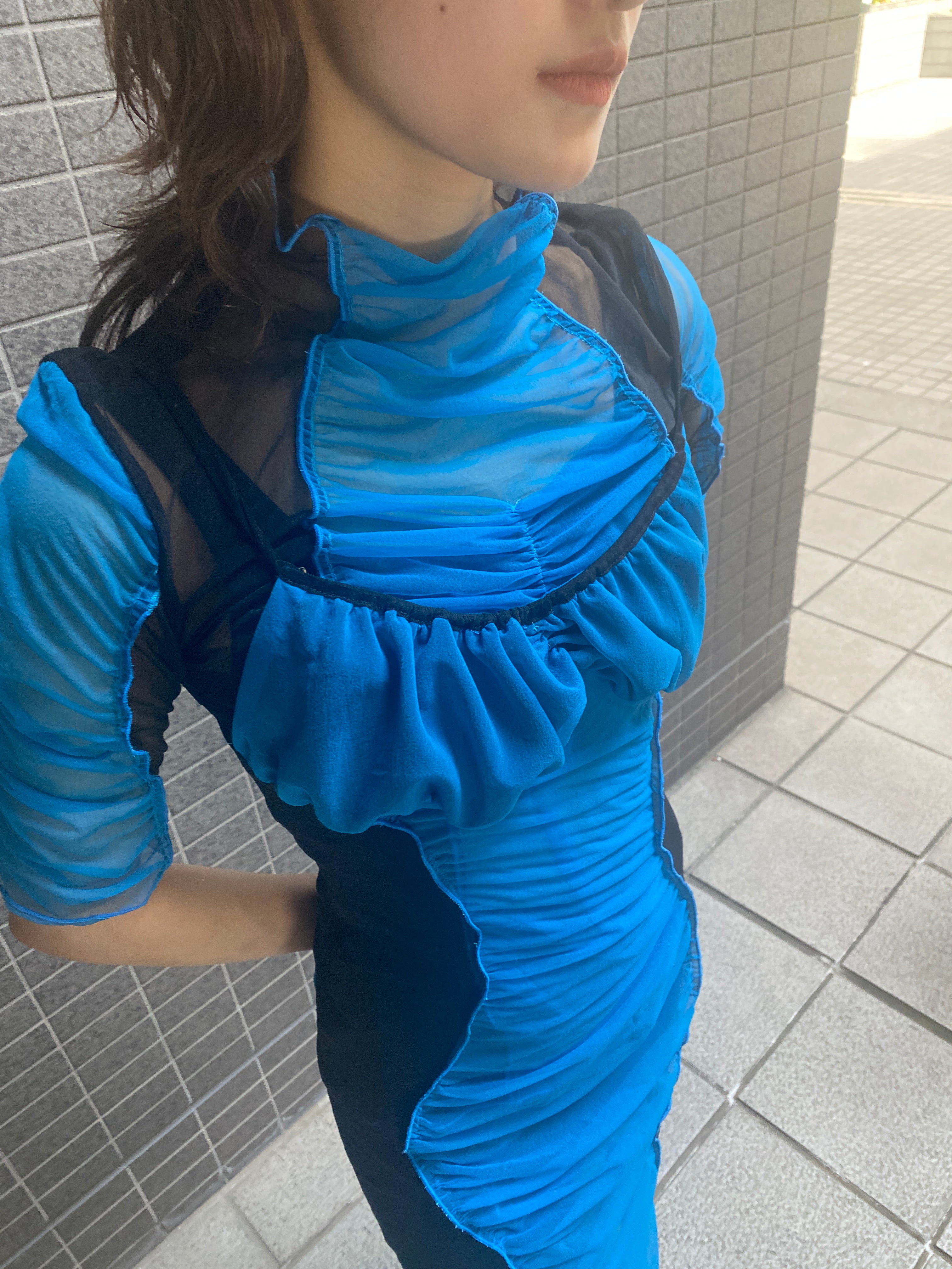 Sheer fit dress - Blue × Black