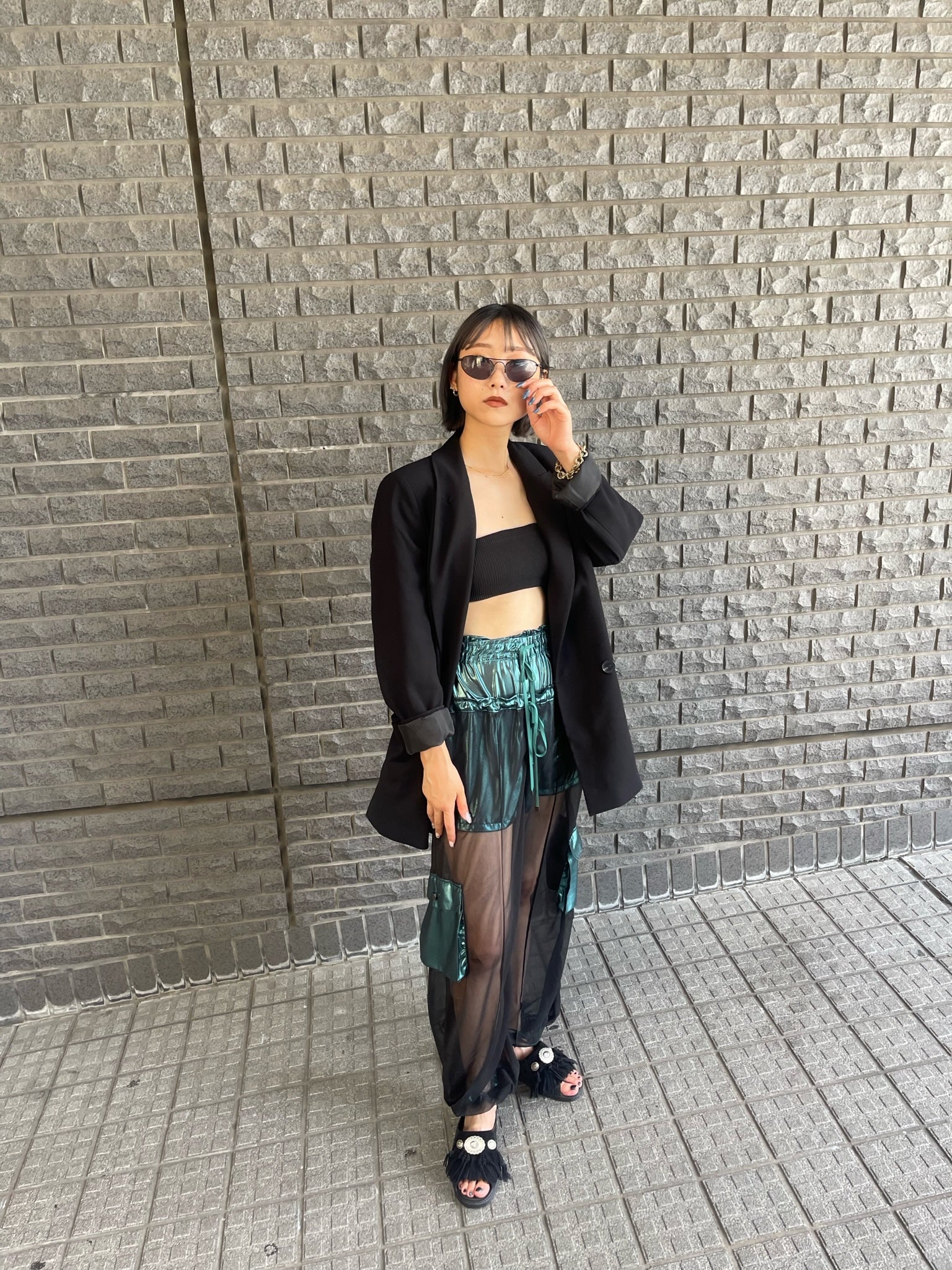 See-through pants - Metallic Green