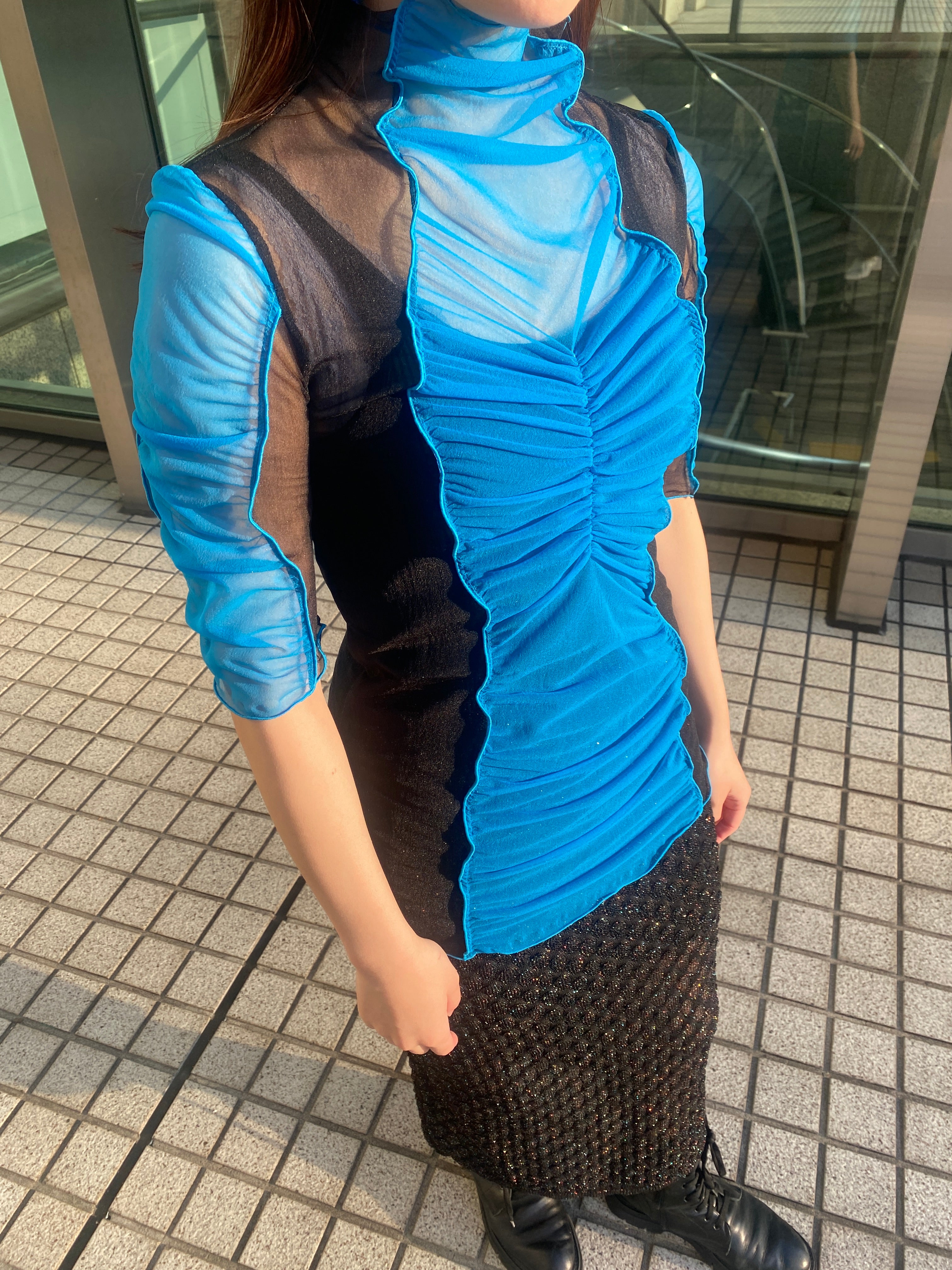 Sheer skin tops - Blue × Black