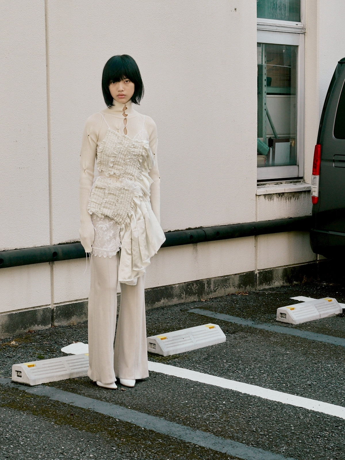 Hand pleats veil skirt - White