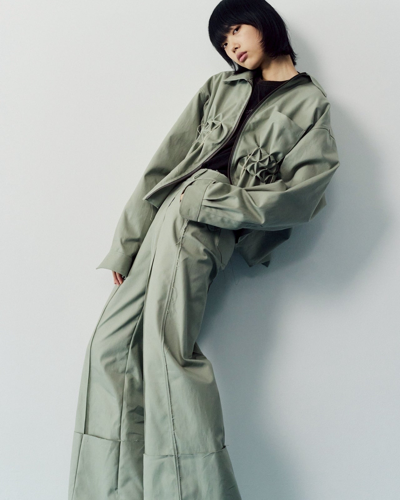 Wide-Leg Roll Pants - Green