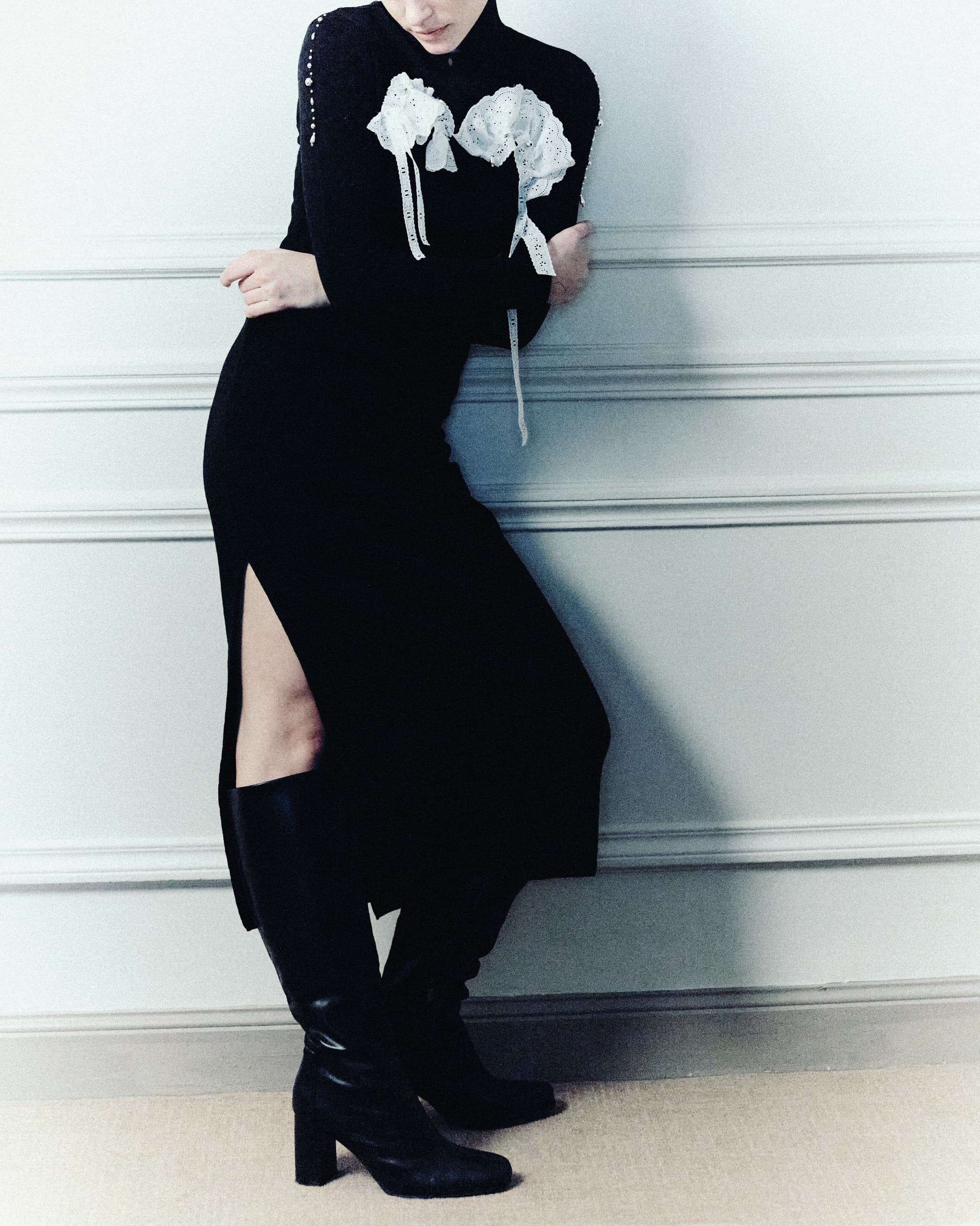 Lace bijou knit dress - Black