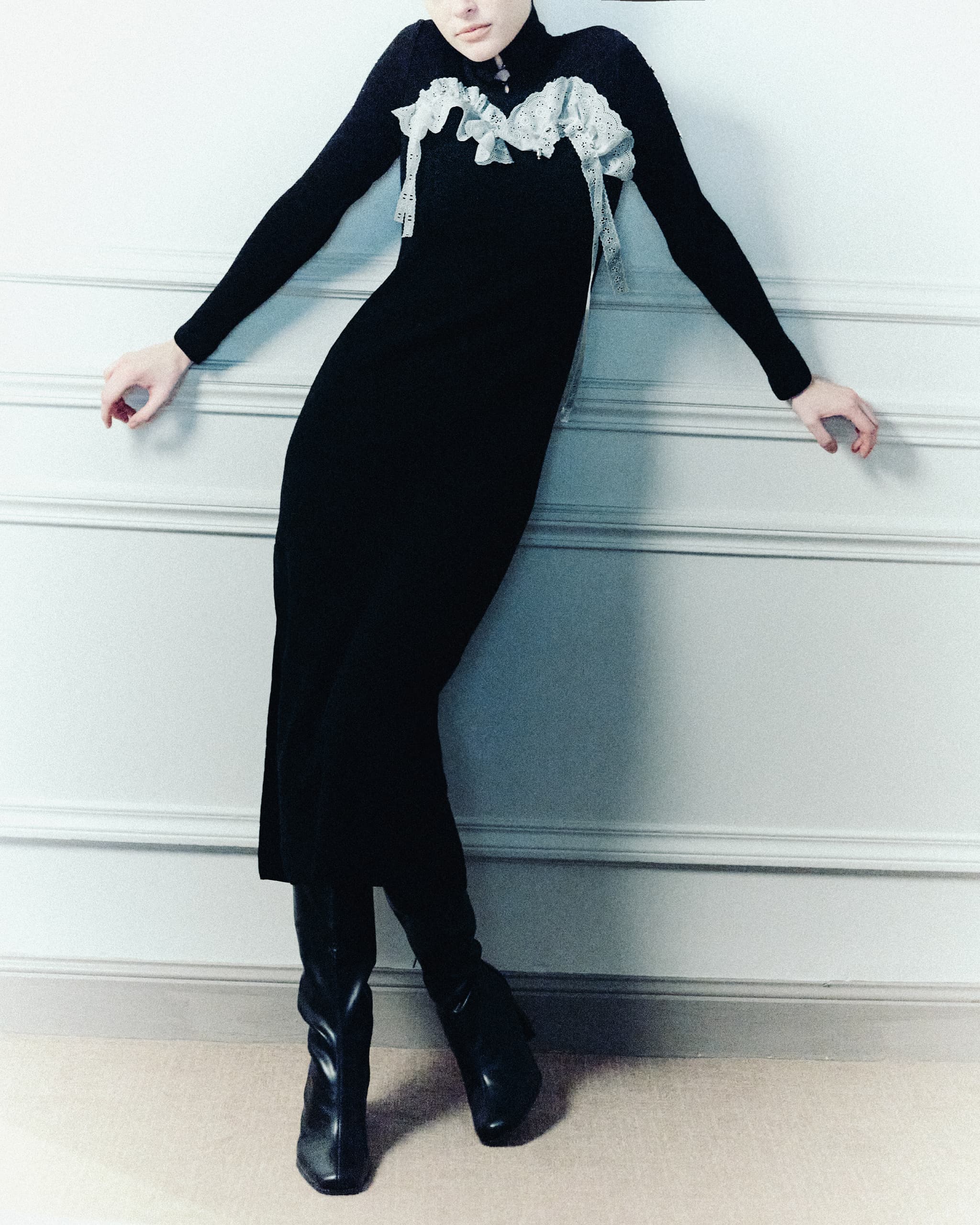 Lace bijou knit dress - Black