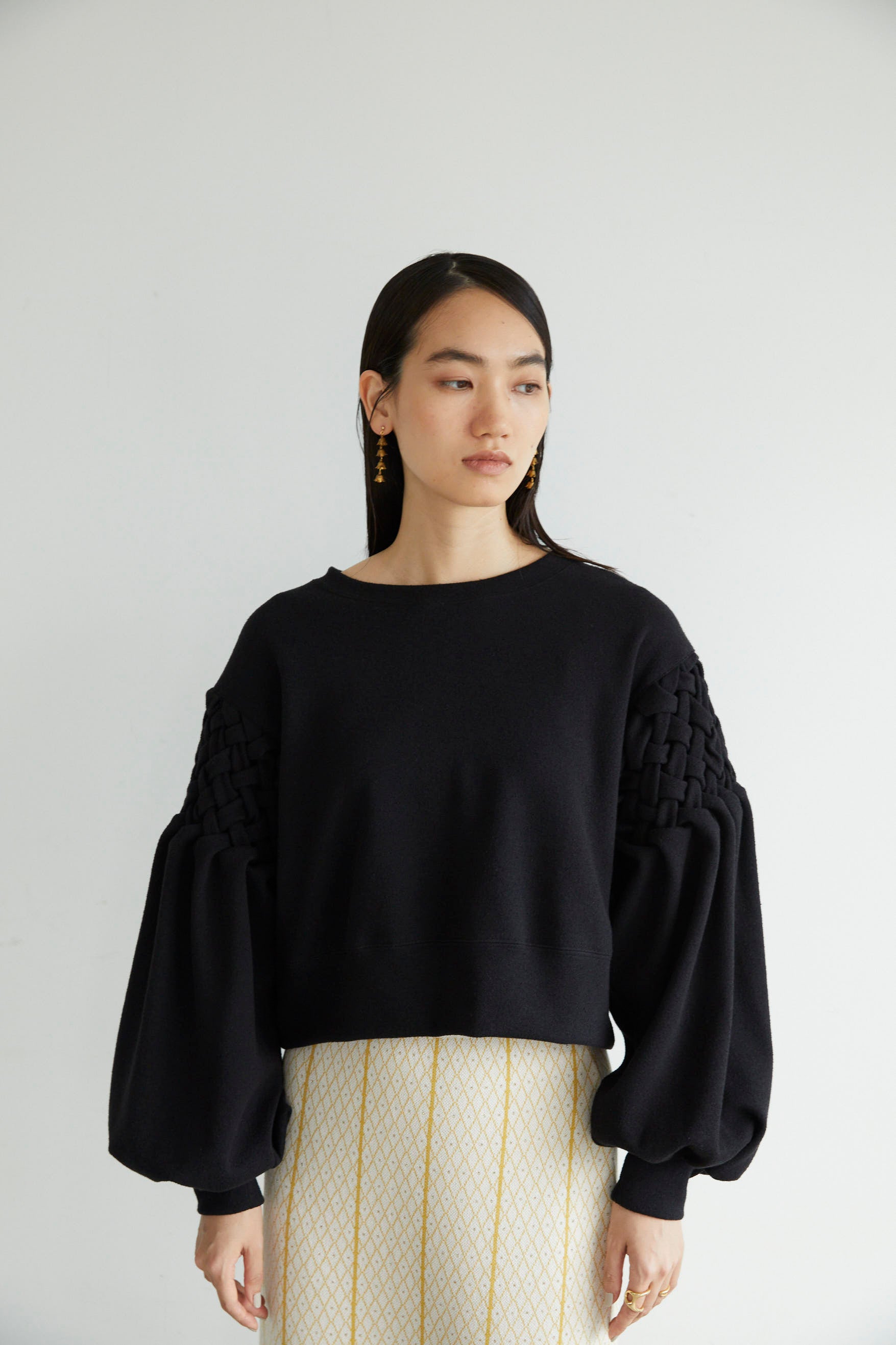 Smocking sleeve boucle pullover S - Black