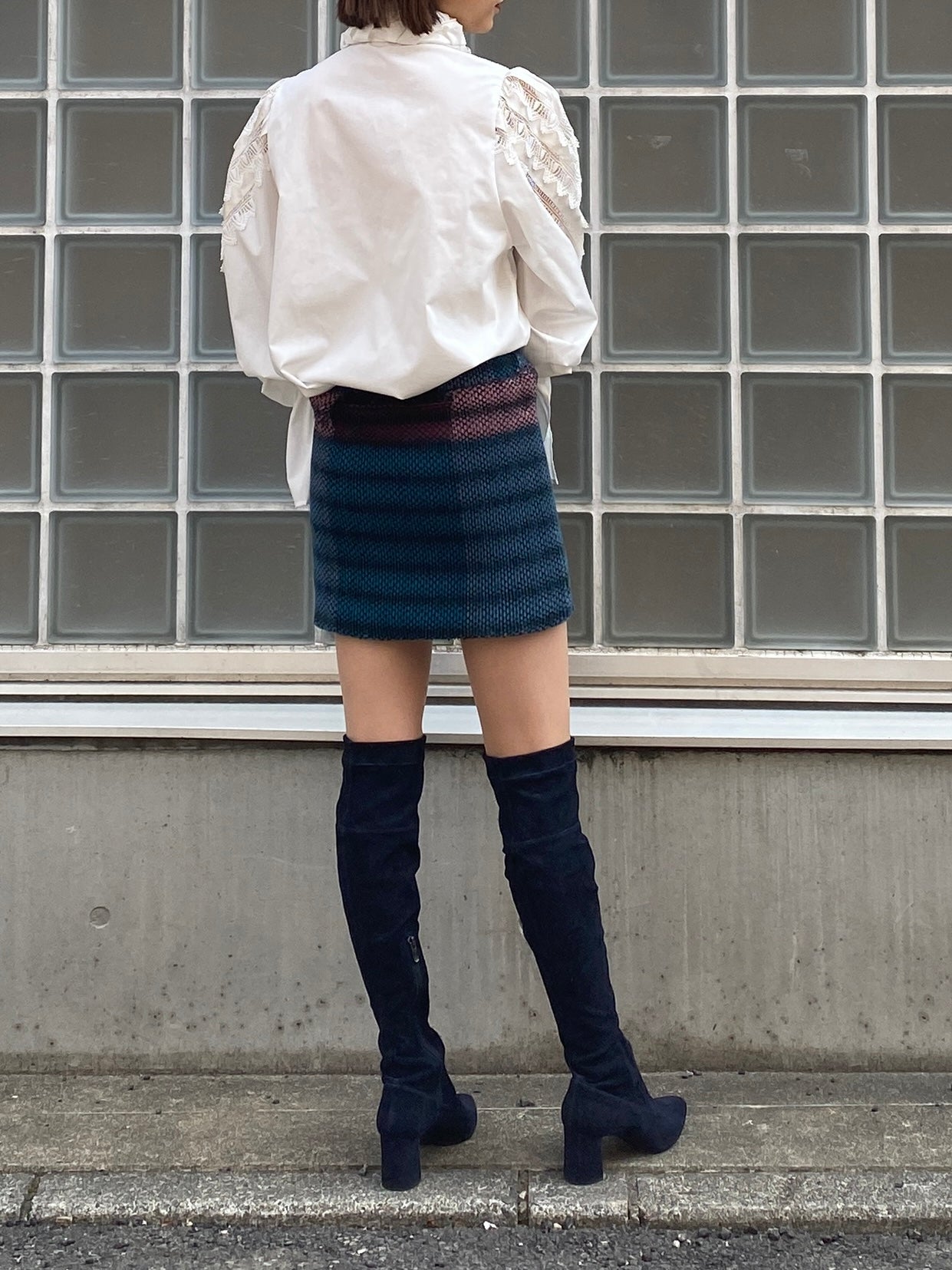 Hatching skirt ‐ Sax×Bordeaux