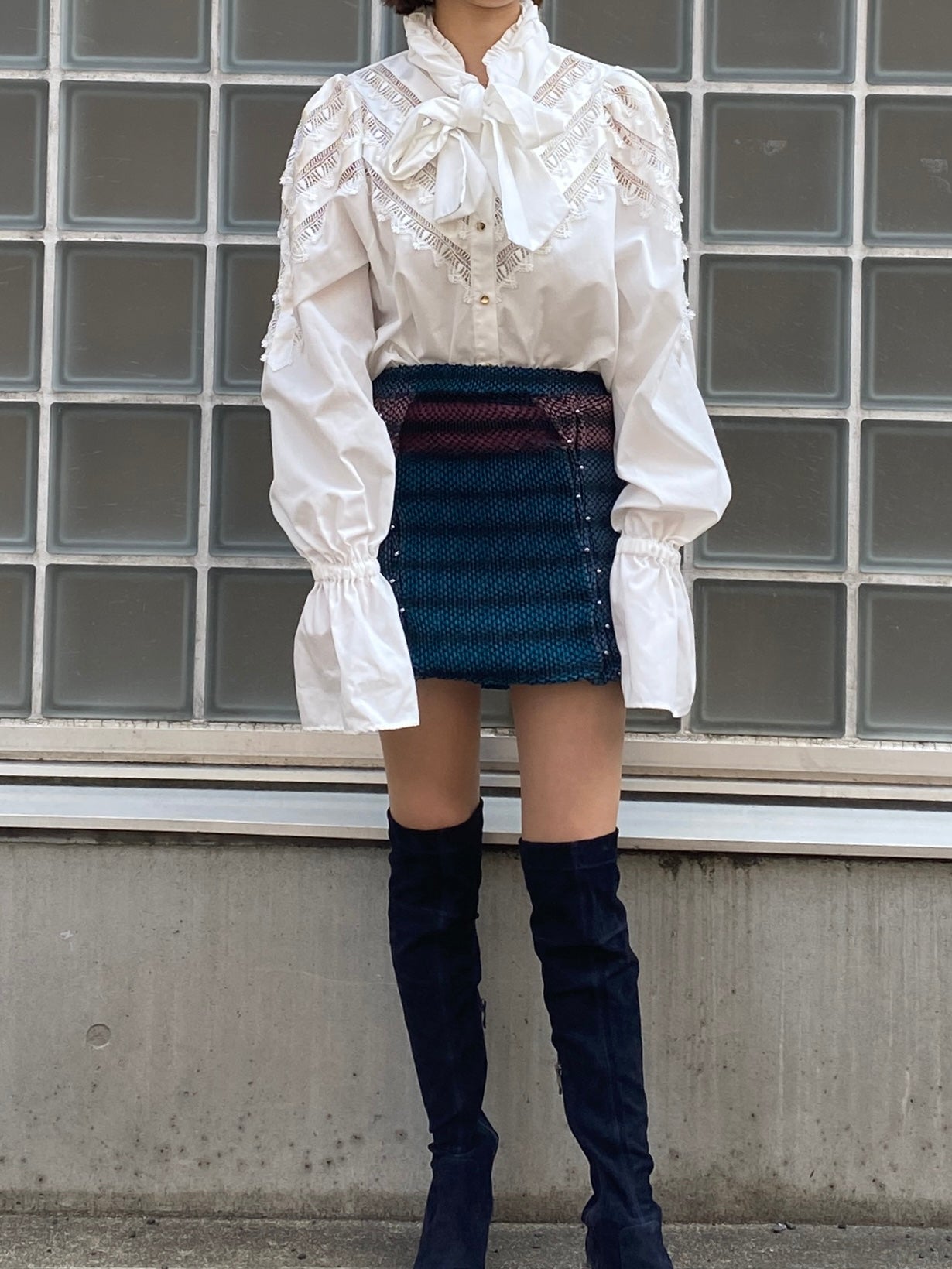 Hatching skirt ‐ Sax×Bordeaux