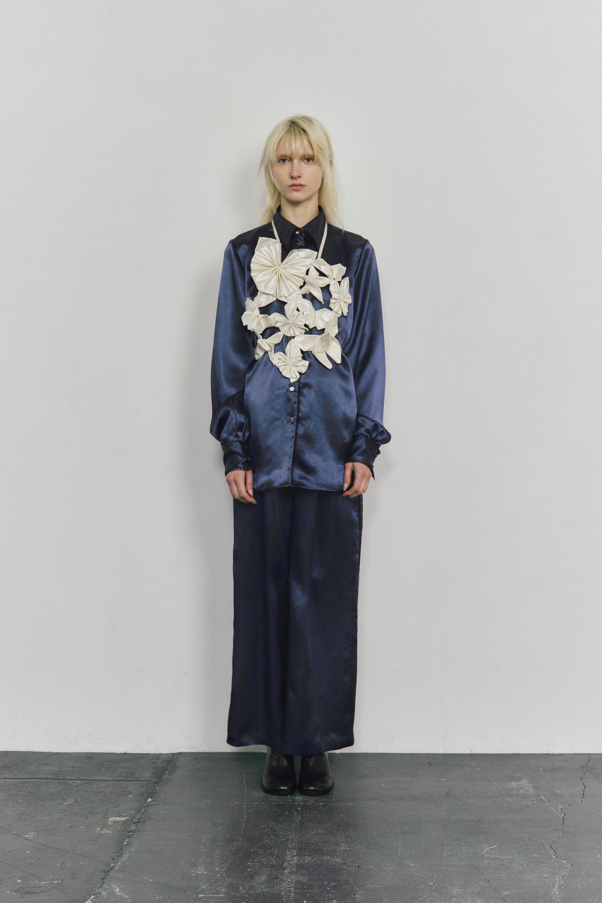 Satin broad pants - Navy