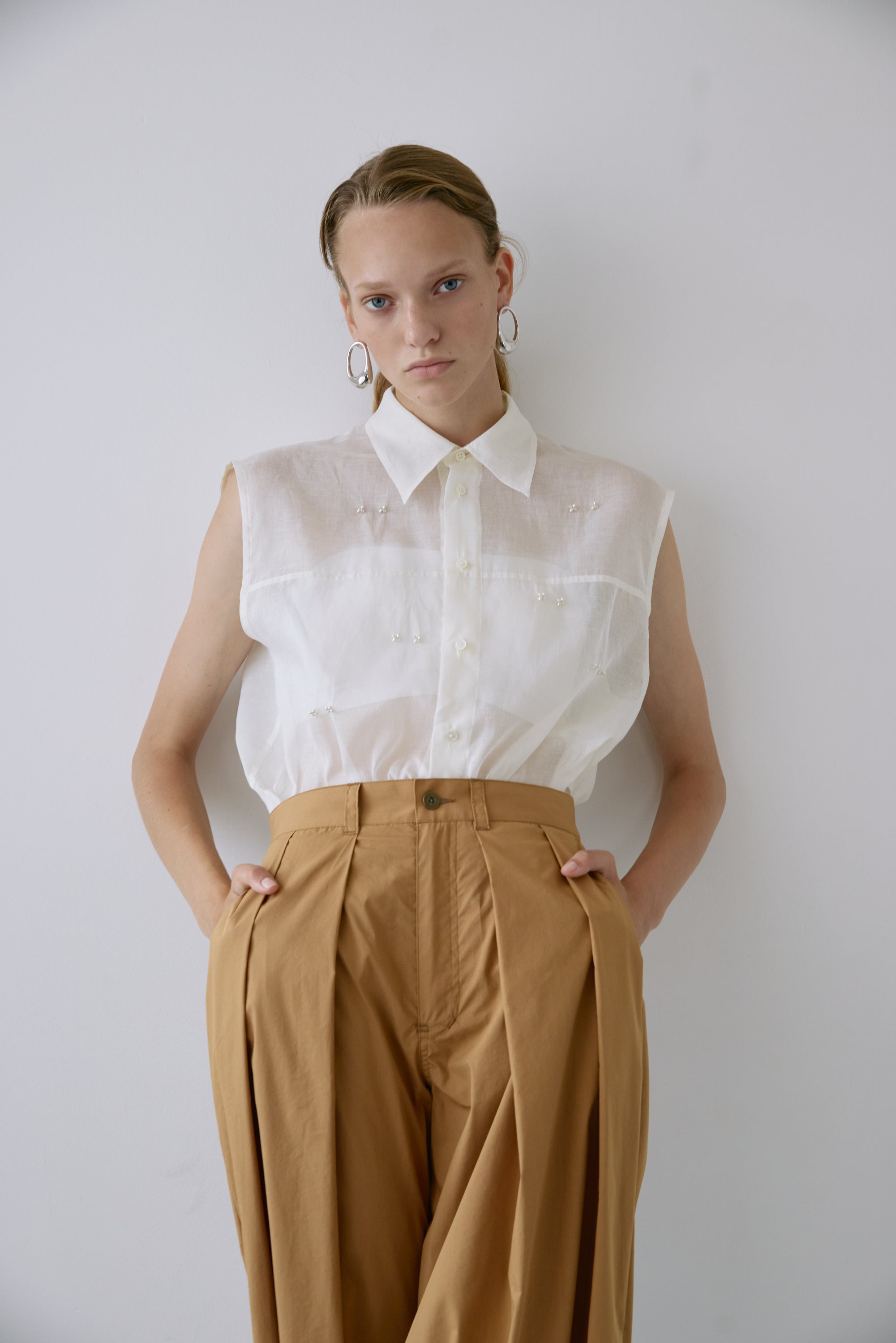 Metal stitch sheer  blouse - Off-white