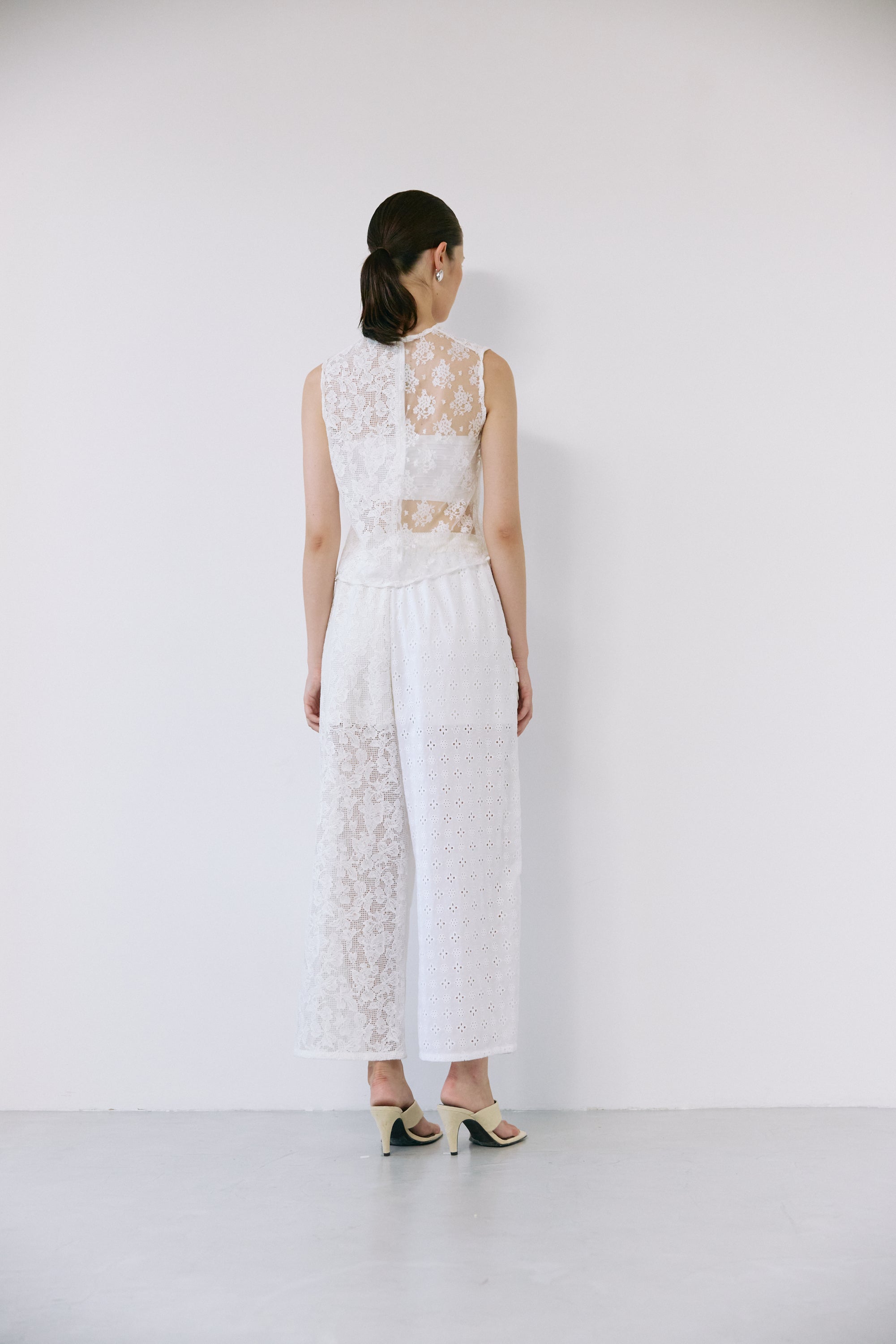 Satin line lace patchwork pants - Off-white