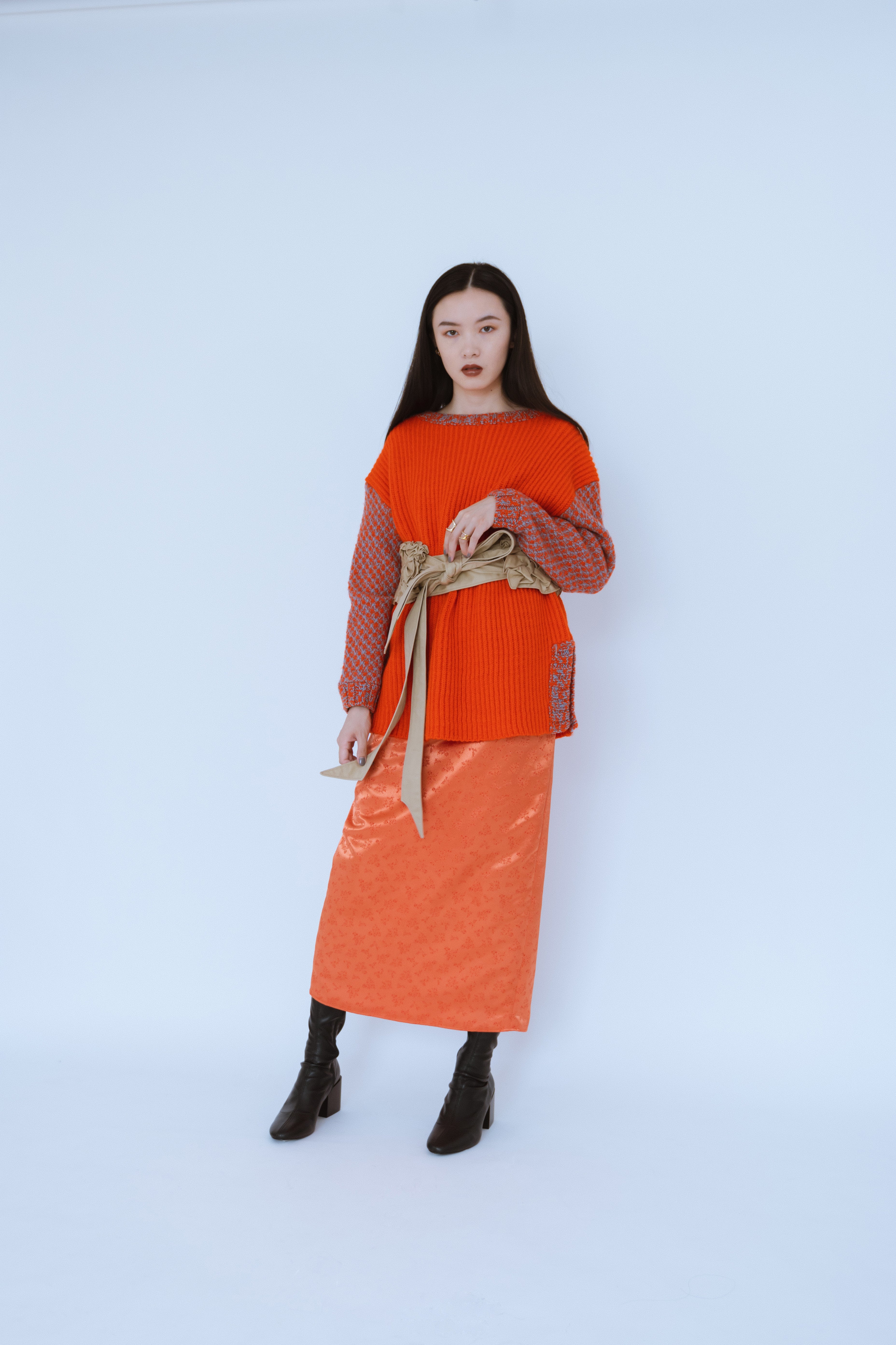 Jacquard deep slit skirt - Orange