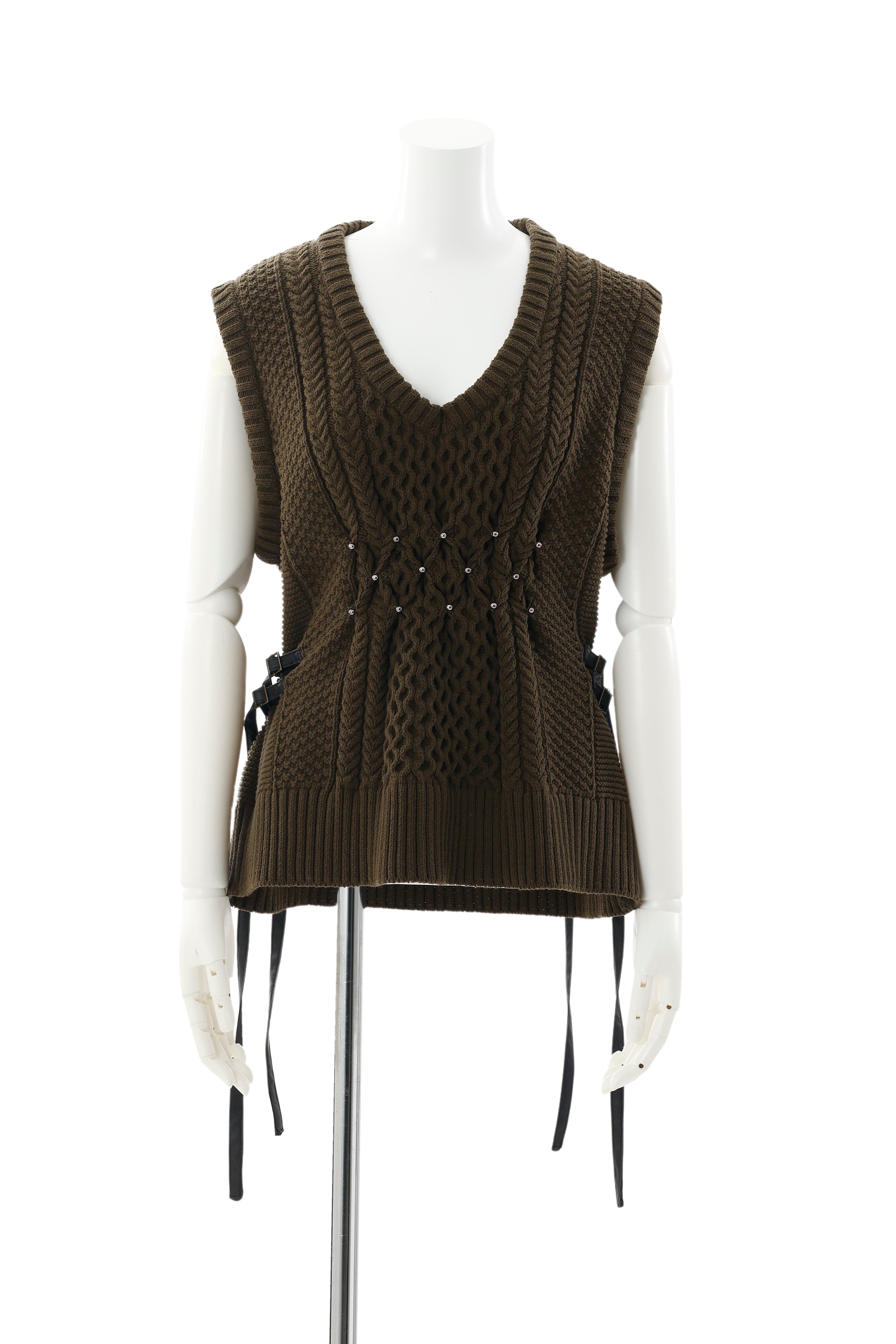 Aran knit vest - Khaki　October delivery