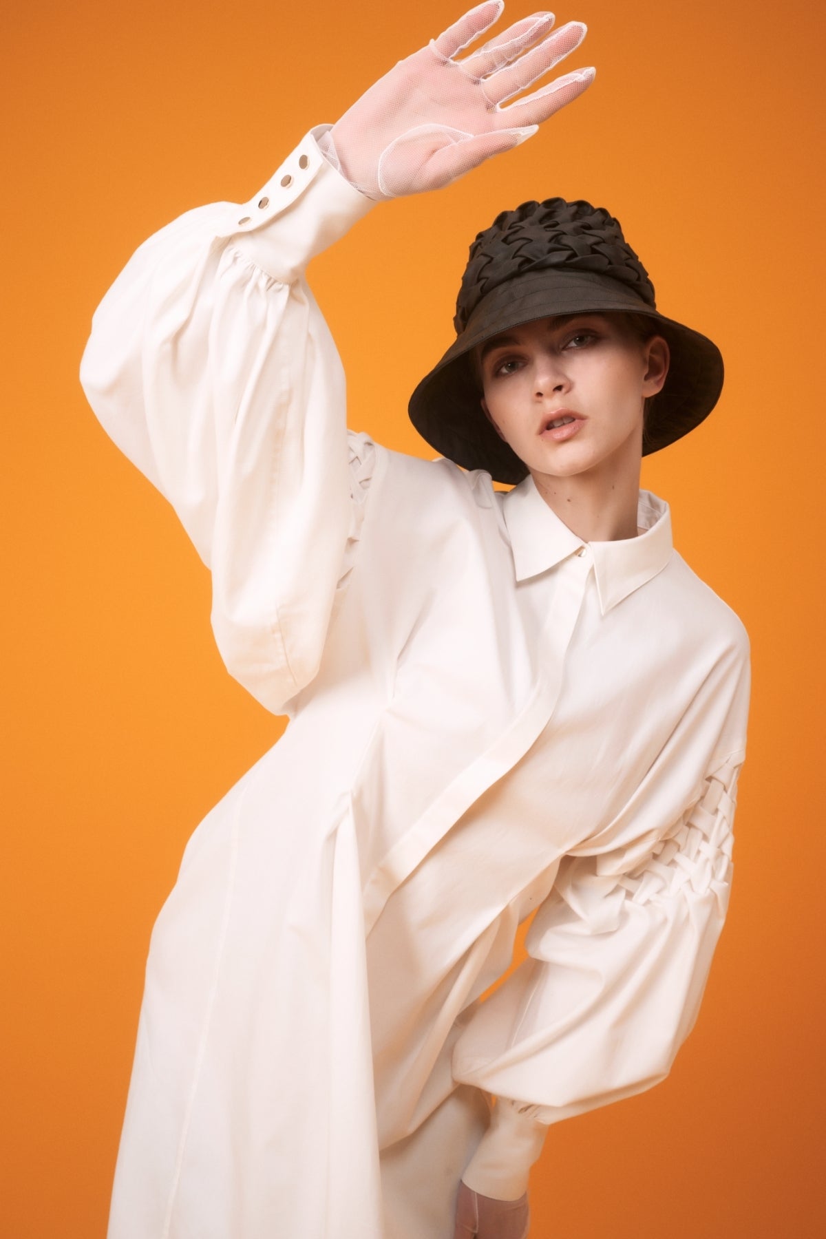 Smocking sleeve shirt dress - White