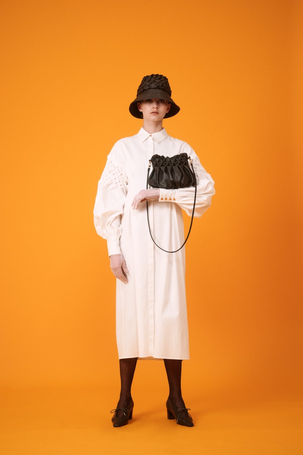 Smocking sleeve shirt dress - White