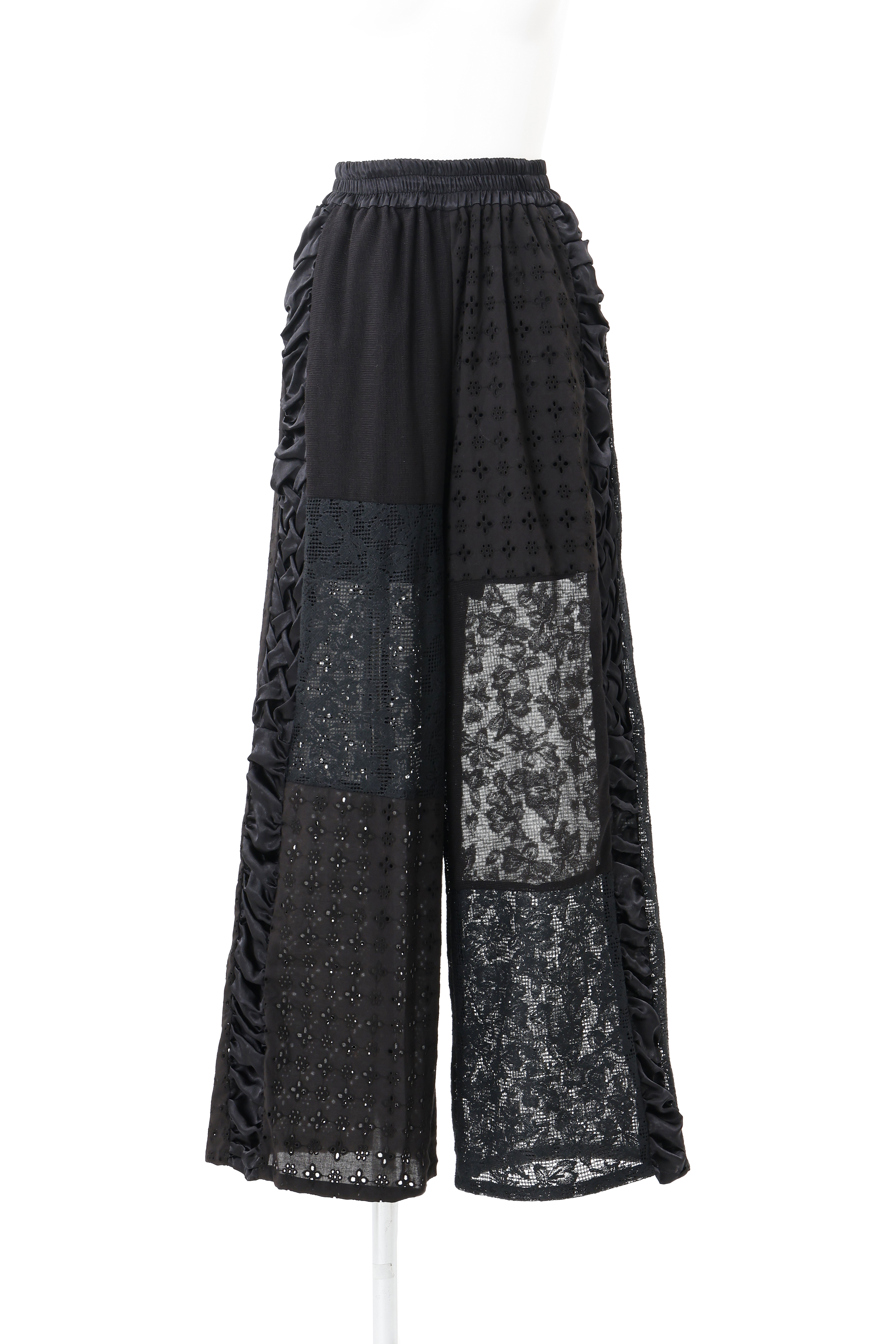 Satin line lace patchwork pants - Black