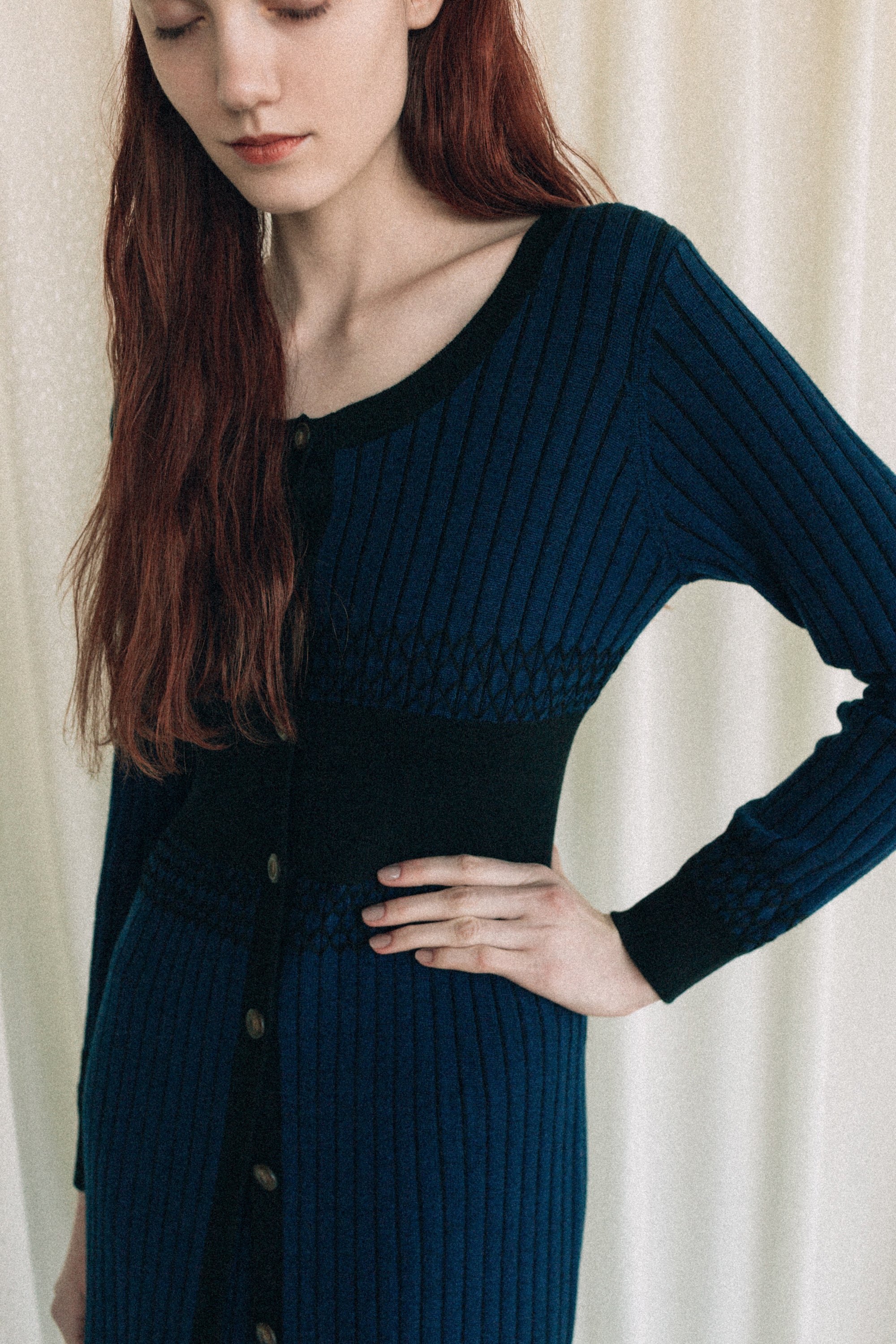 Plating rib cardigan dress - Navy