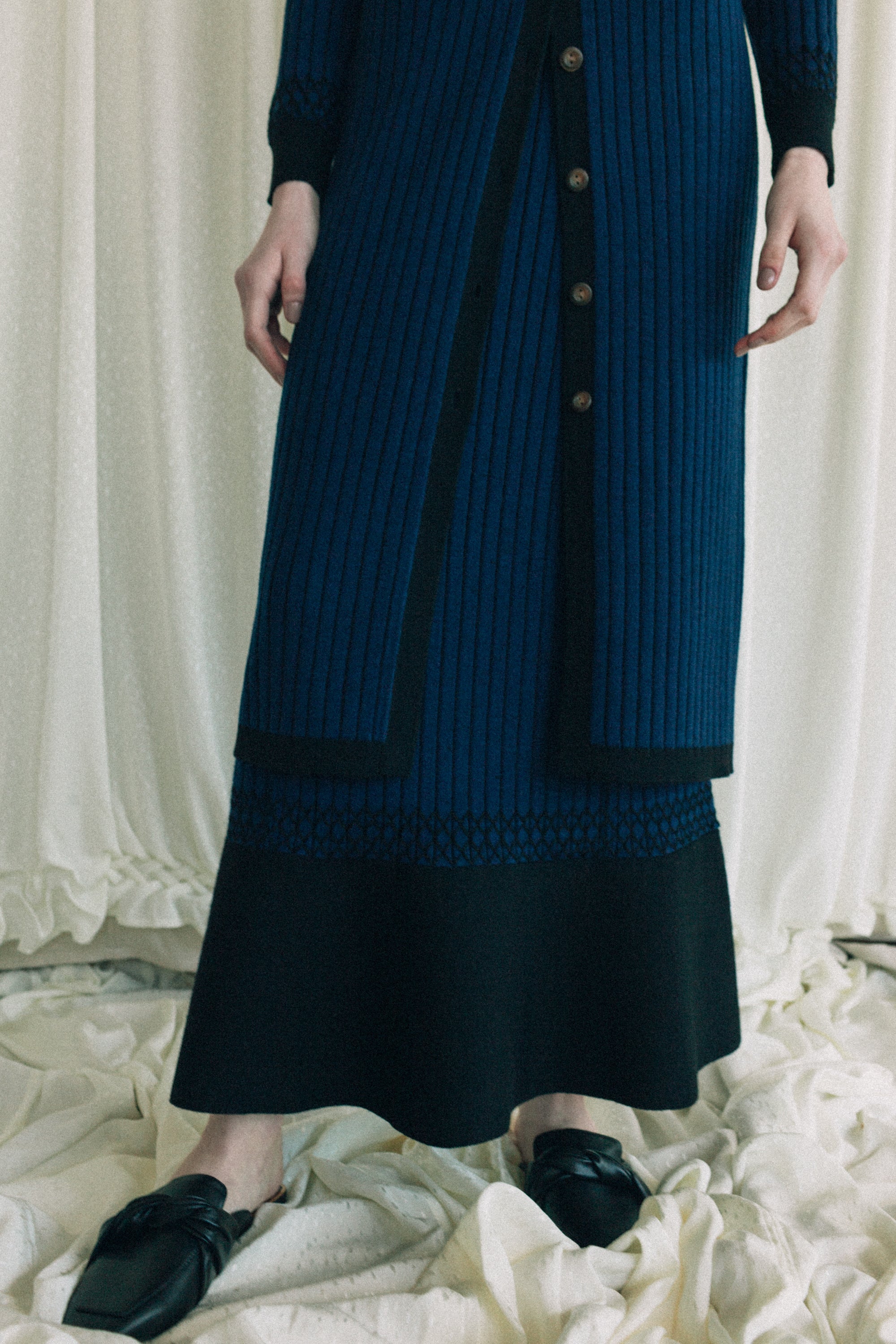 Plating rib cardigan dress - Navy