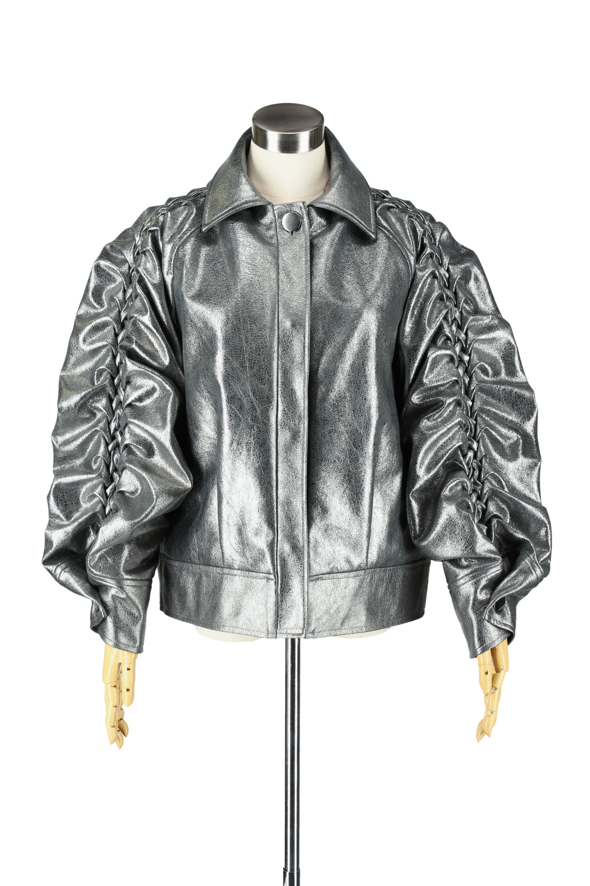 Smocking sleeve eco-leather jacket