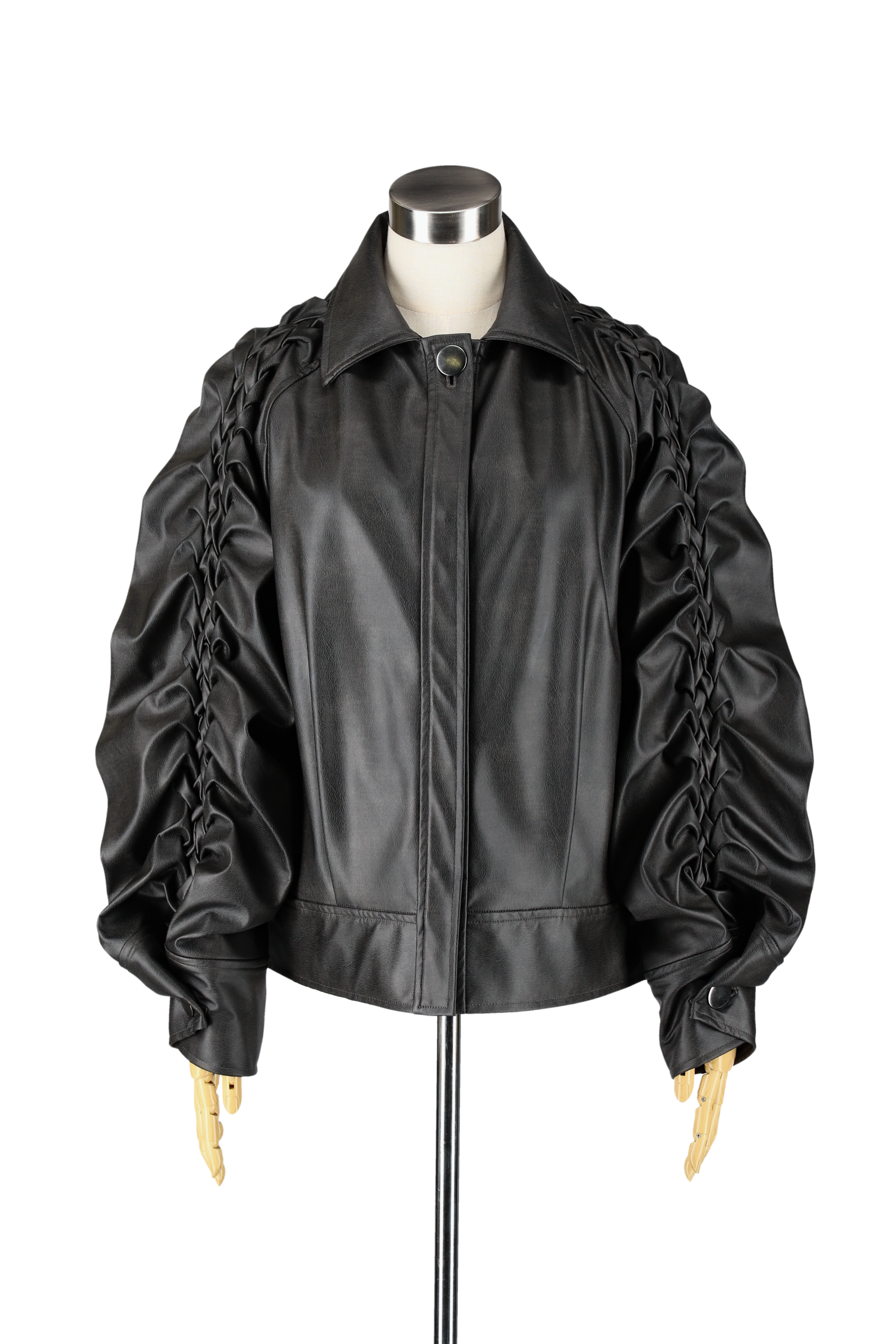 Smocking sleeve eco-leather jacket - Black