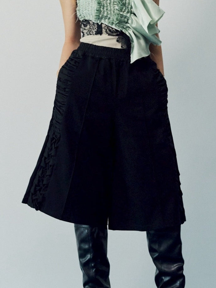 Side gather half pants - Black
