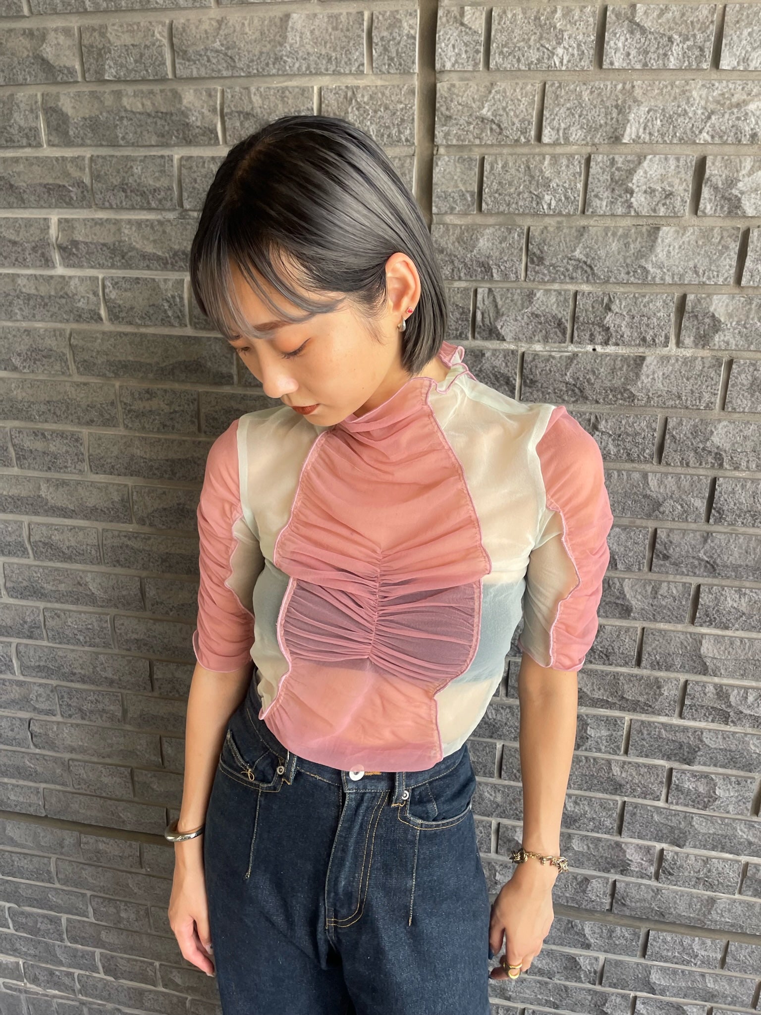 Sheer skin tops - Pink × Light Green